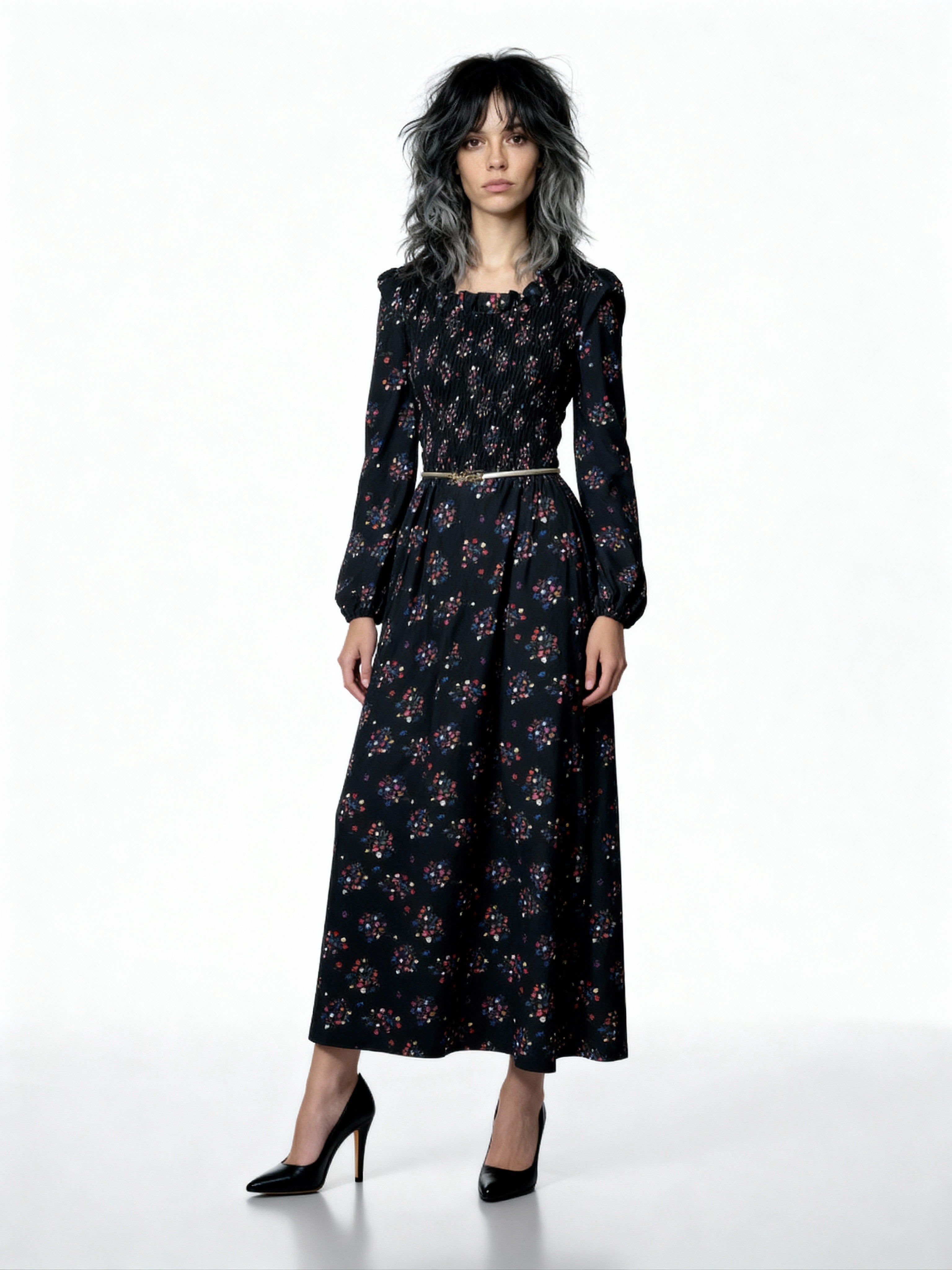 Original 1970's Vintage Black Maxi Dress With Floral Print UK 10 - 12