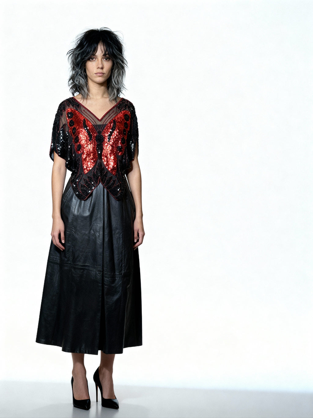 Original 1970's Vintage Black / Red Sequinned Butterfly Top UK 8 - 12