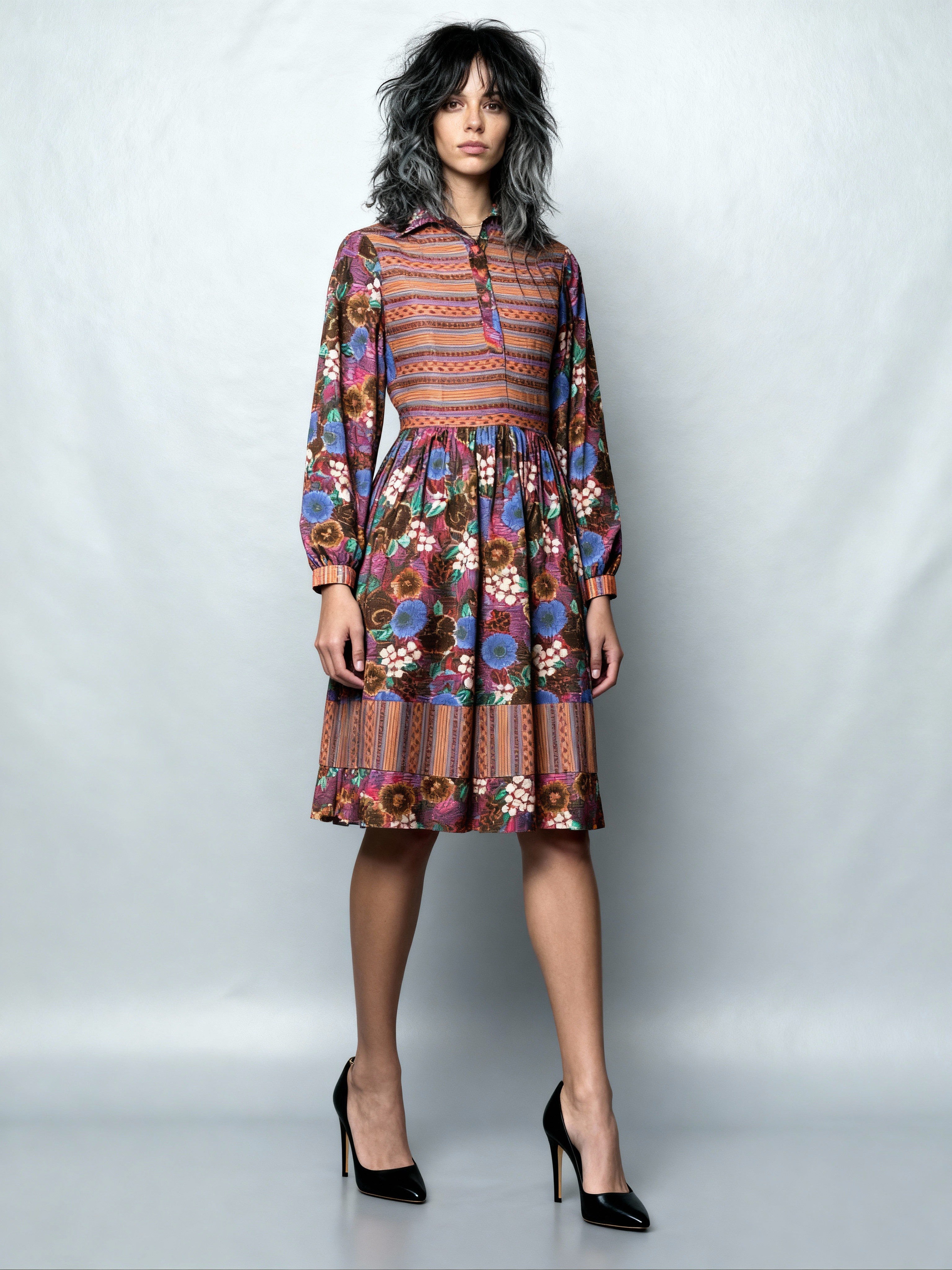 1970's Original Vintage Multi - Coloured Floral Long Sleeved Dress UK 10 - 12