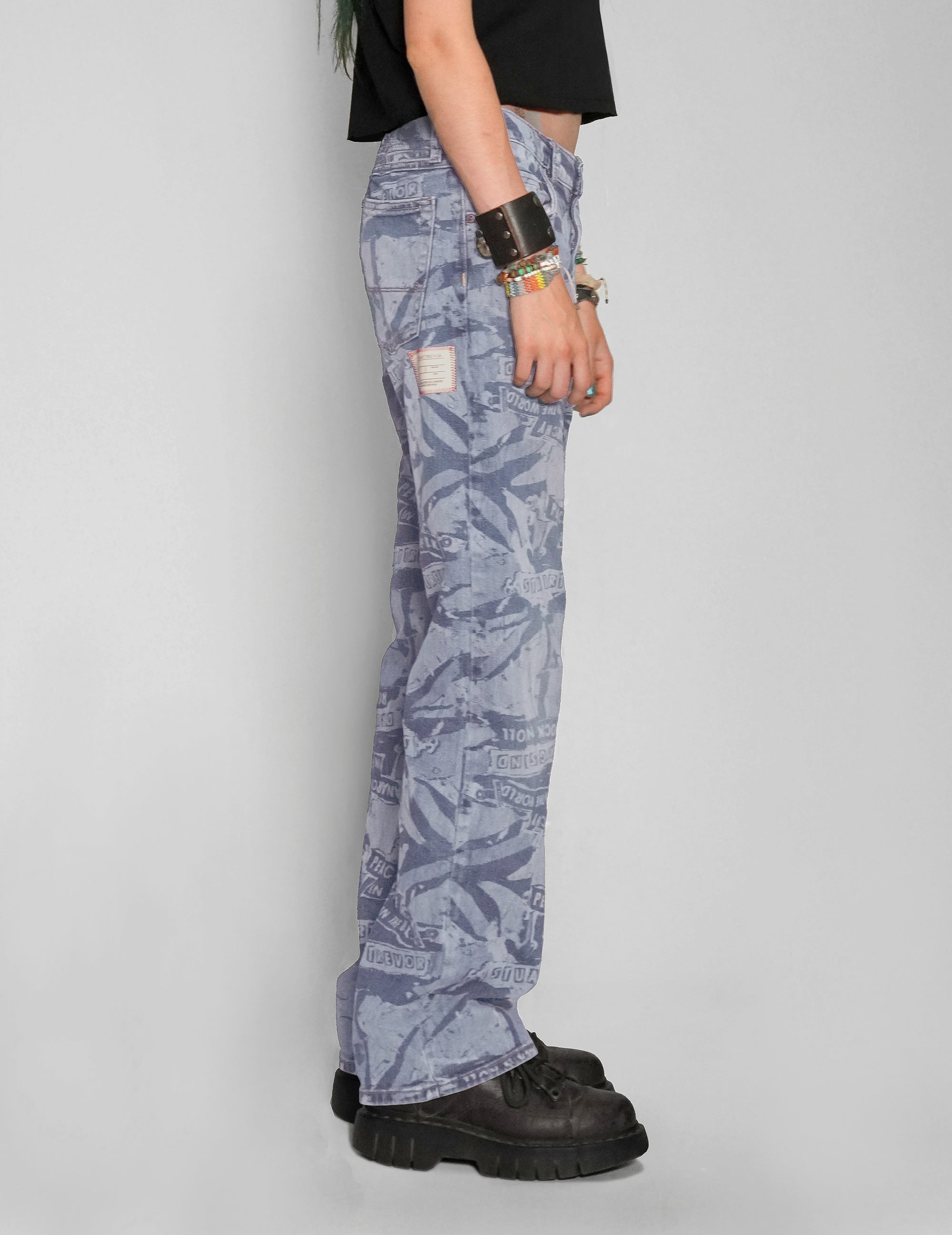 'Peace' Laser Print Jeans in Light Blue