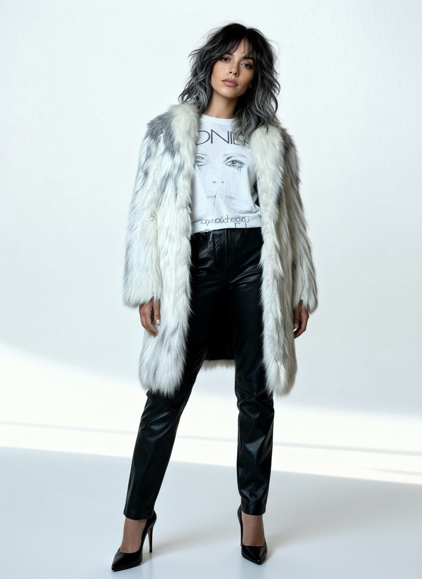 Gorgeous Original Vintage 1970's White / Grey Faux Fur Coat UK 8 - 14