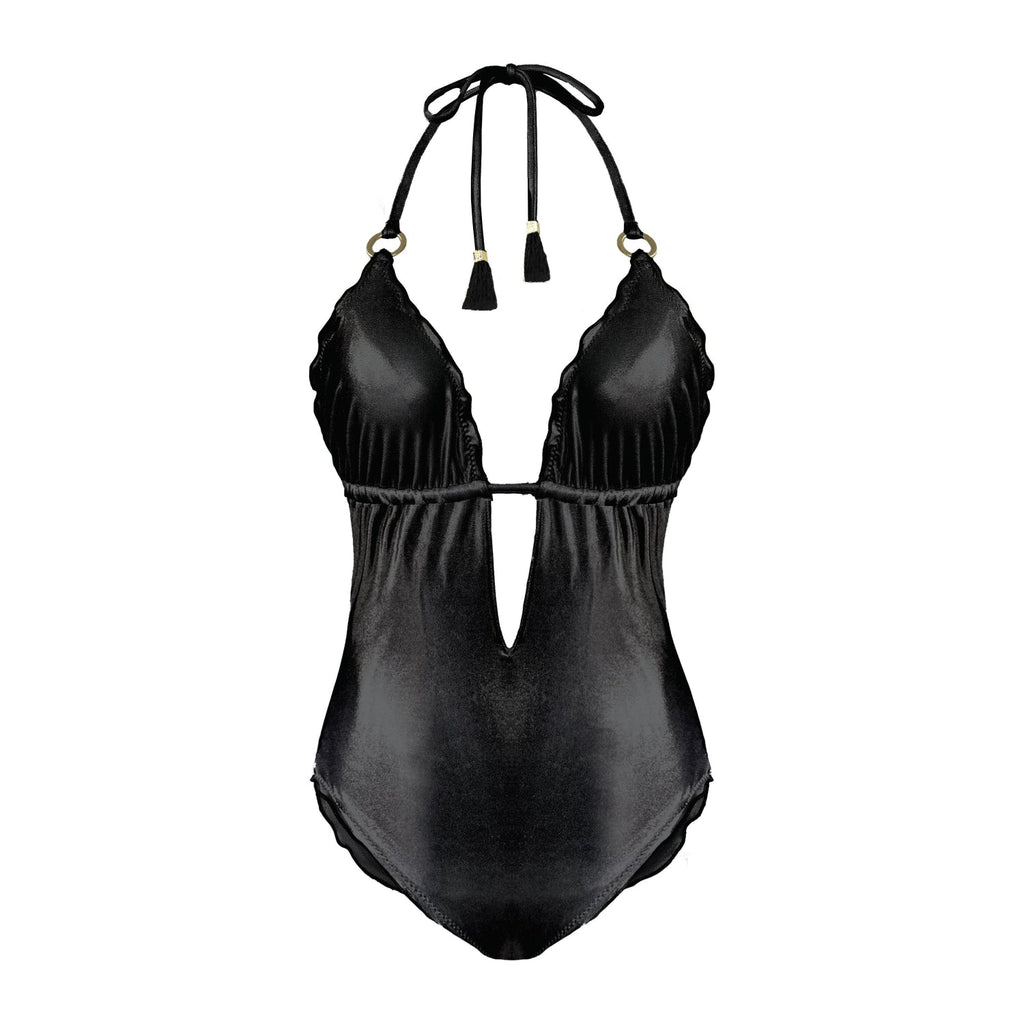 Black Metallic Plunge One-Piece Swimsuit – Artisan Sustainable Swimwear from Ibiza