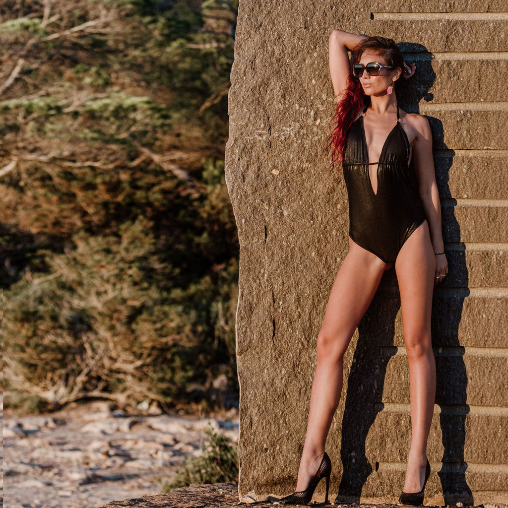 Black Metallic Plunge One-Piece Swimsuit – Artisan Sustainable Swimwear from Ibiza