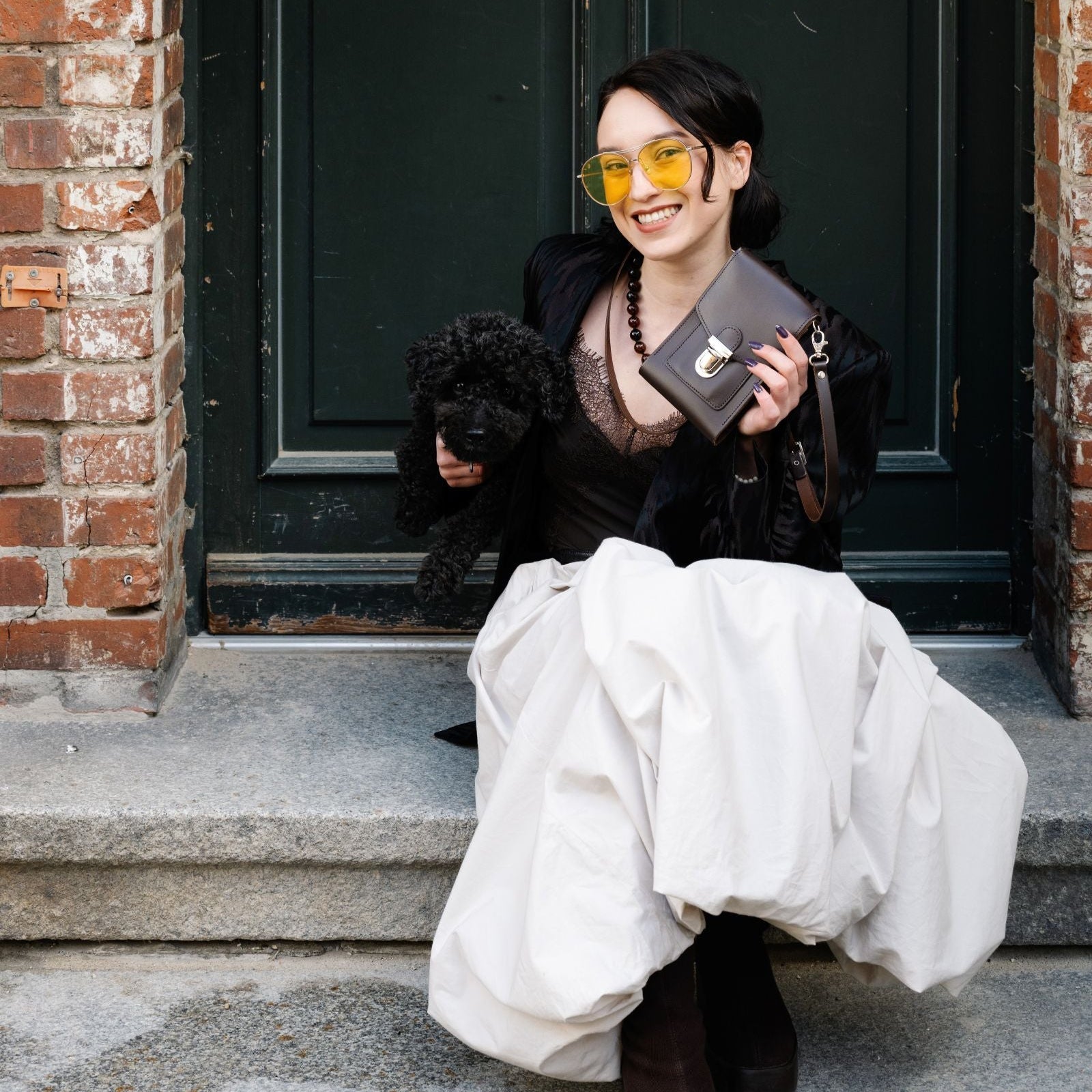 Leather Push Lock Crossbody Phone Case - Dark Brown