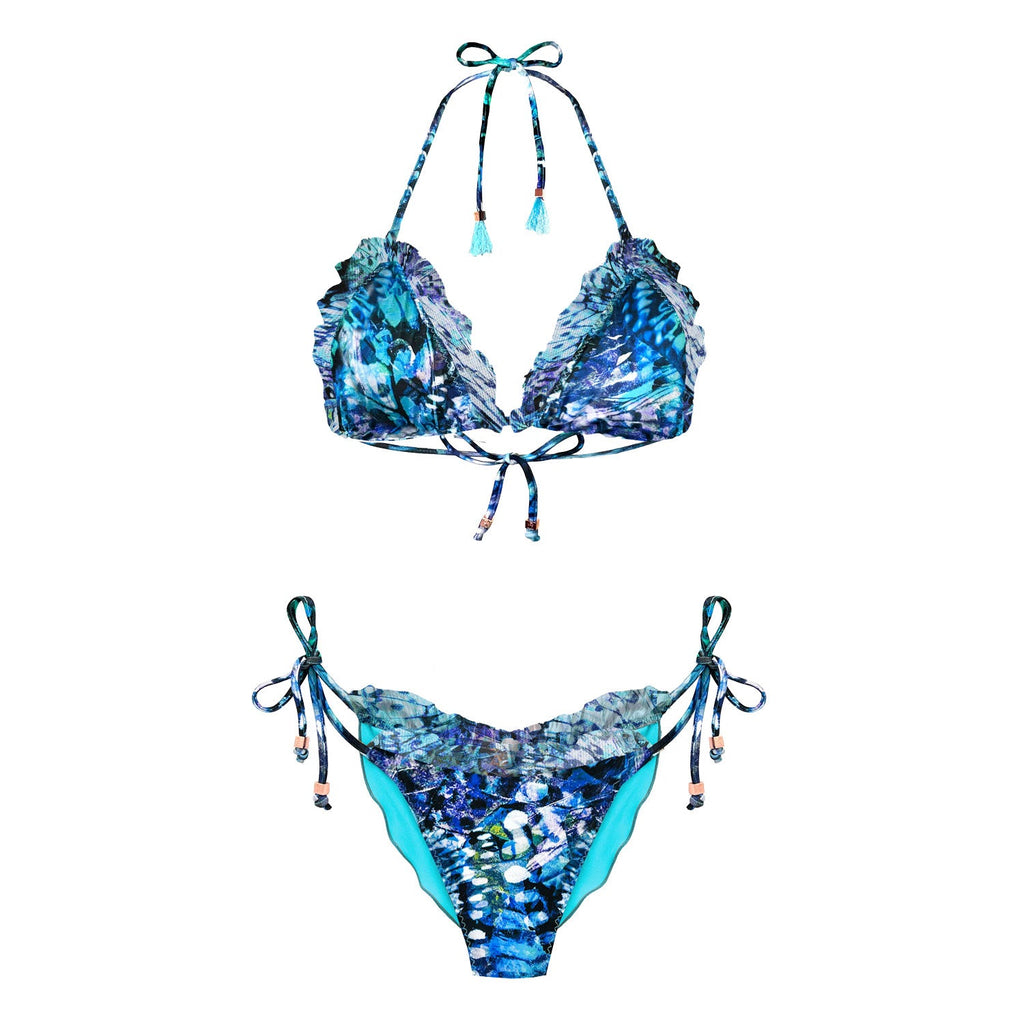 Boho Style Ruffle Bikini Top Blue Butterfly Carmen