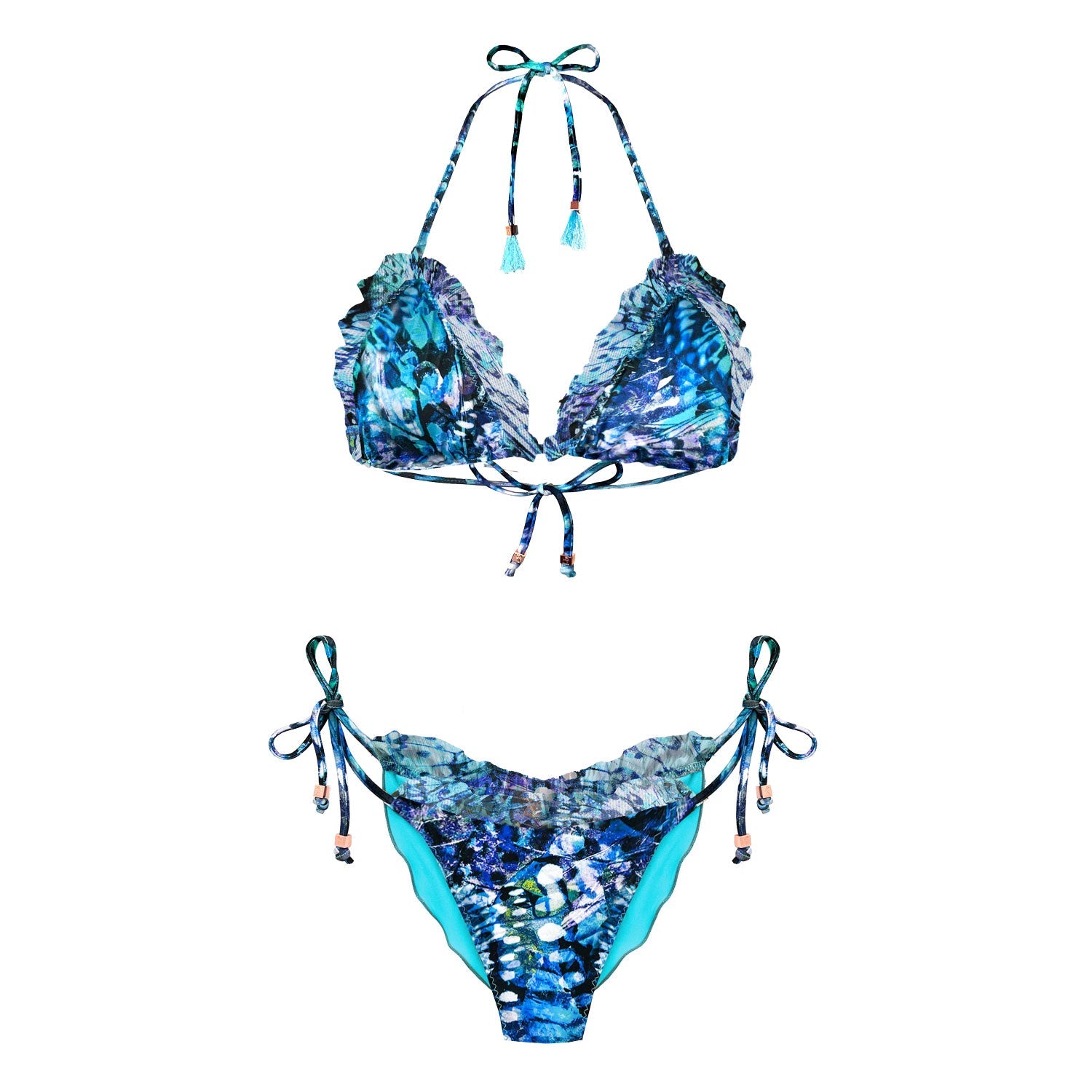 Boho Style Ruffle Bikini Top Blue Butterfly Carmen