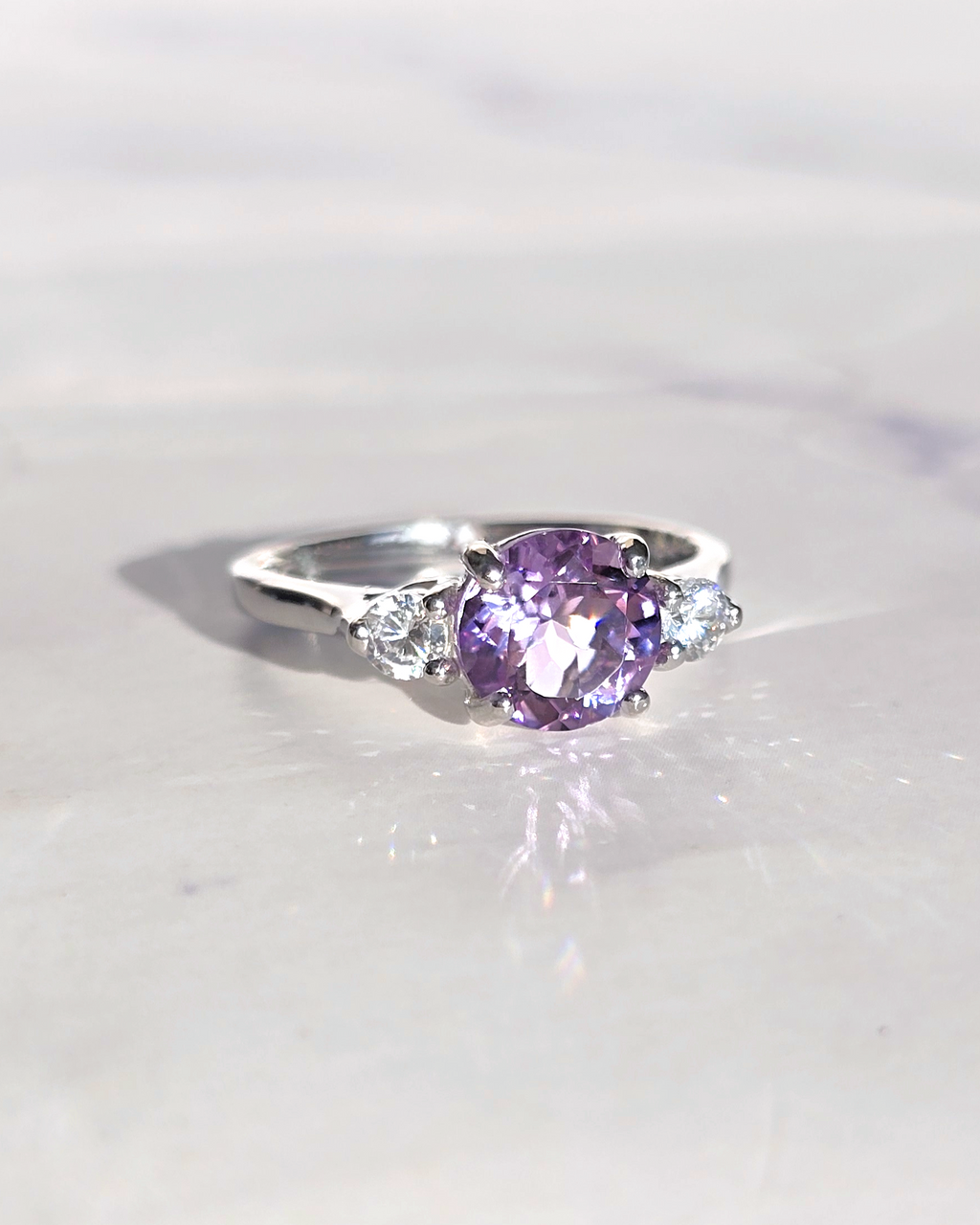 Lavender Amethyst Three Stone Ring in Sterling Silver