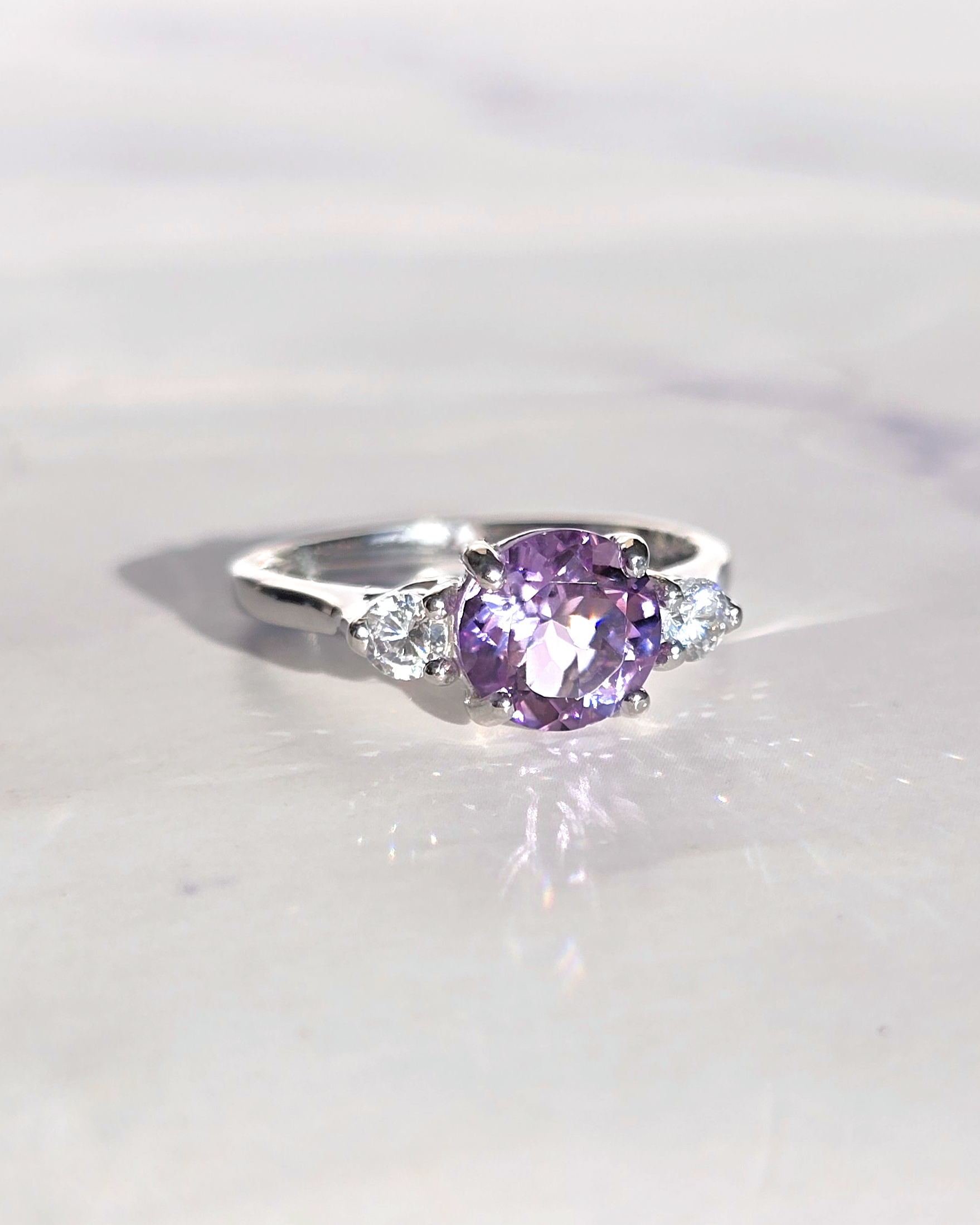Lavender Amethyst Three Stone Ring in Sterling Silver