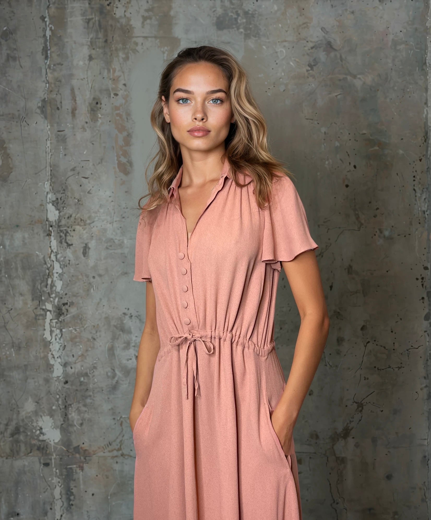 Vintage Peach Dusty Pink 1970's Radley Moss Crepe Tea Dress UK Size 12 - 14