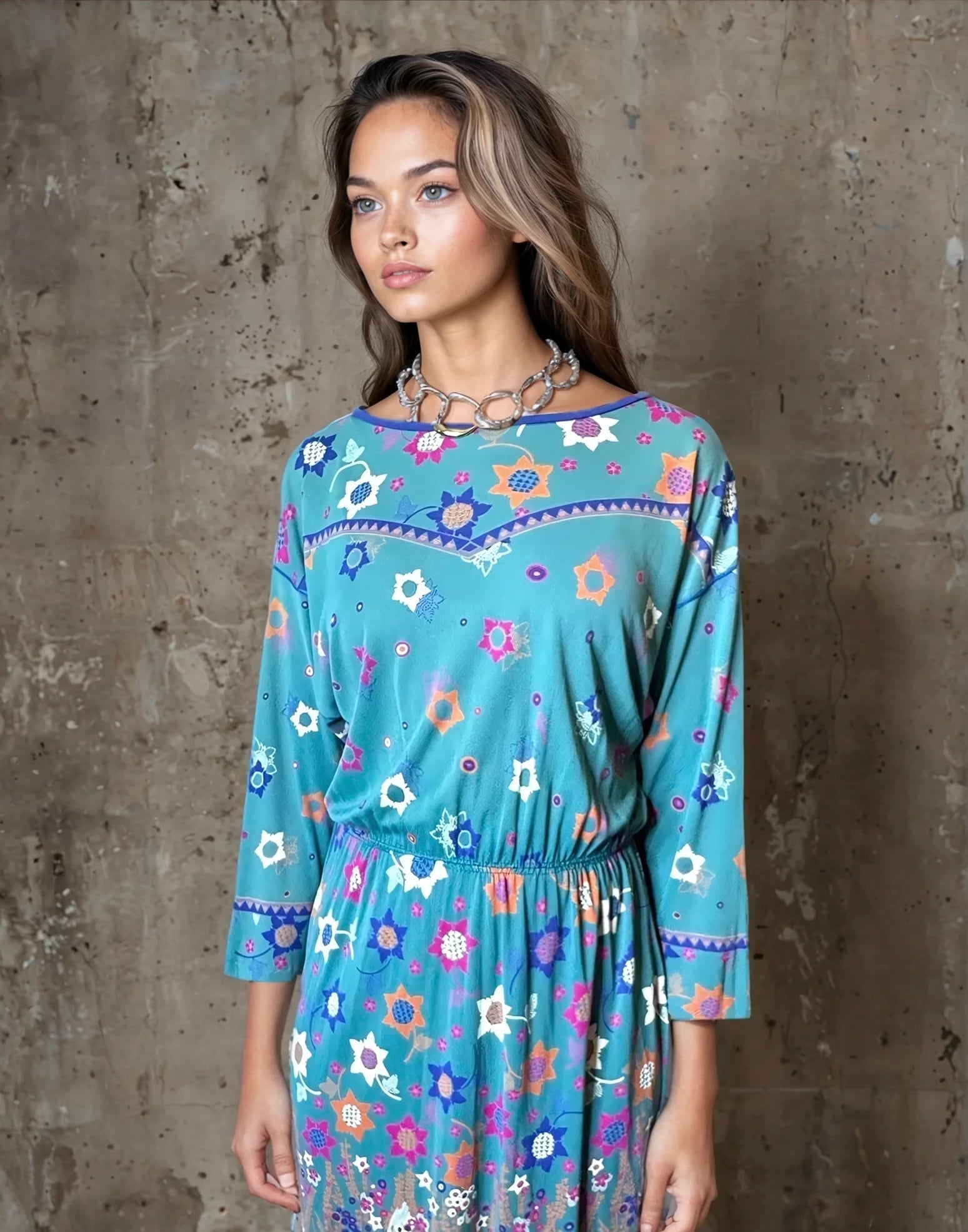 Original Vintage Virginie Paris Turquoise Floral Print Dress UK 8 - 12