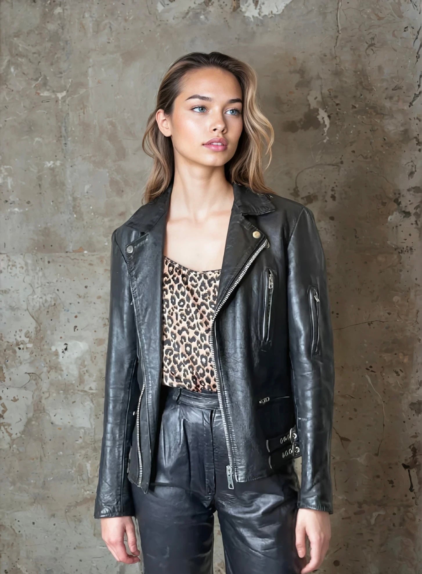 Original 1980's Vintage Black Leather Fringed Biker Jacket UK 10 - 14