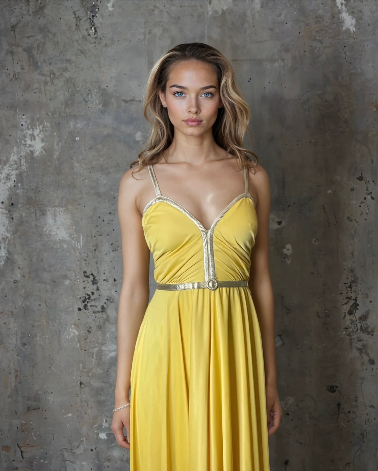 Original 1970'S Vintage Yellow & Gold Strap Maxi Dress