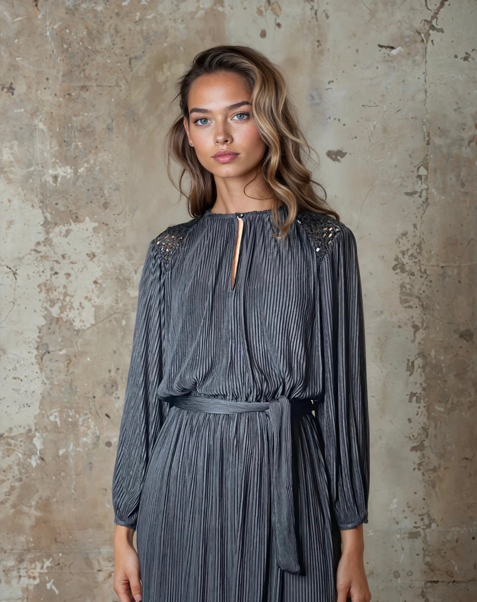 1970'S Vintage Original Black Pleated Long Sleeved Dress Uk 10 - 12