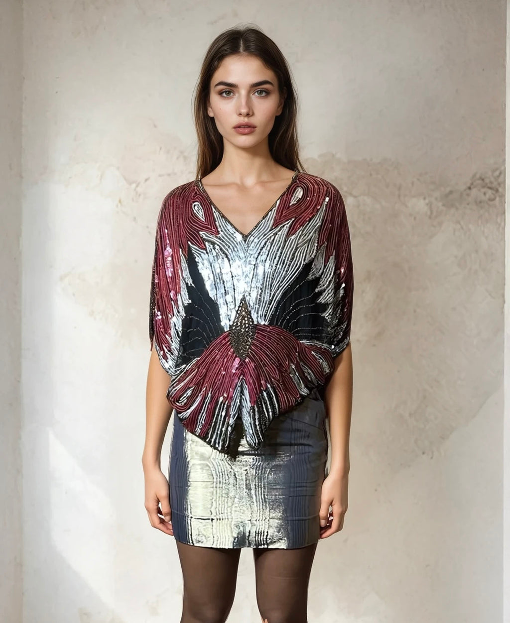 Original Vintage Late 1970's Red / Silver / Black Sequinned Butterfly Top UK 8 - 14