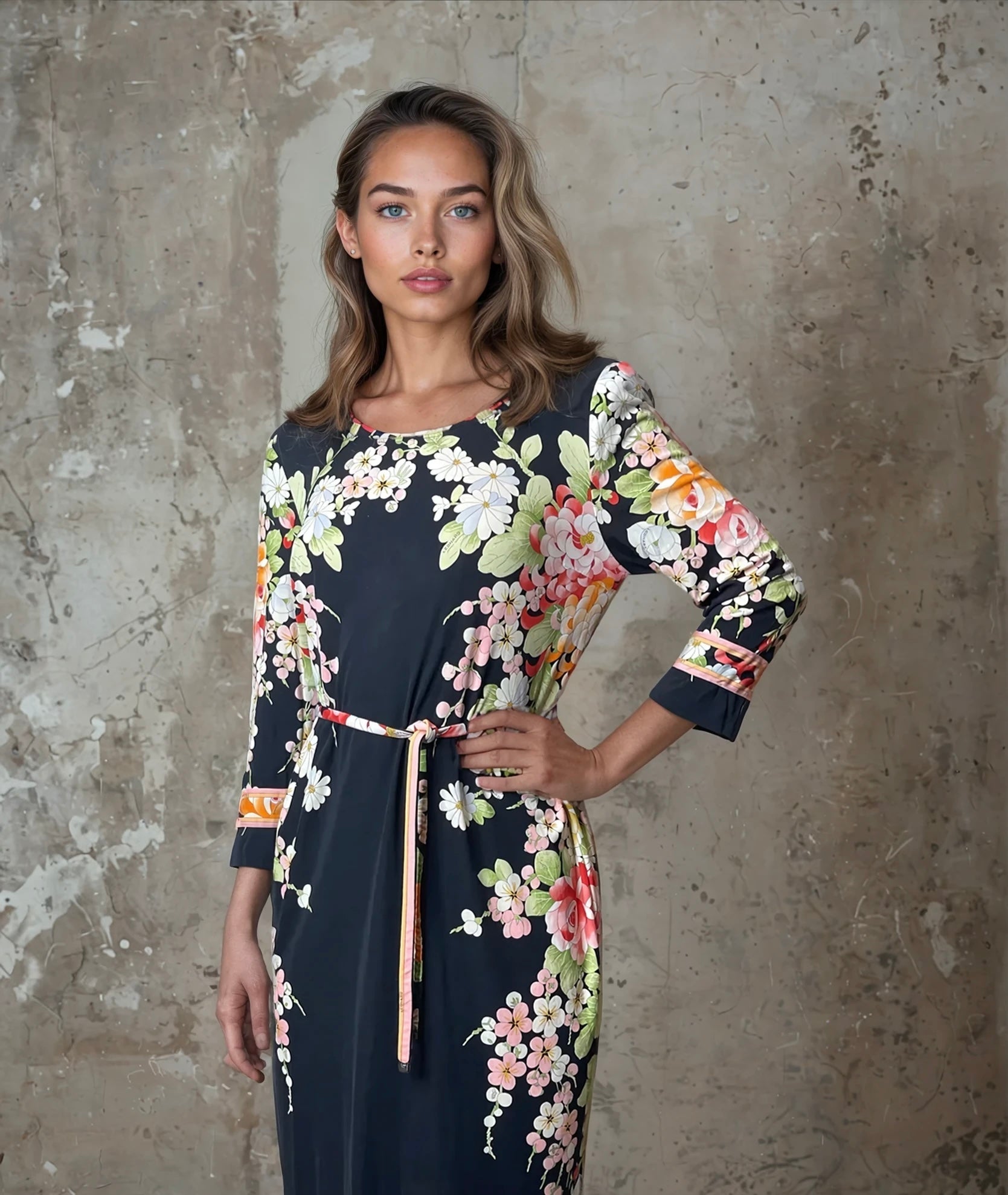 1980'S Original Vintage Black Leonard Floral Silk Dress Uk 10 - 12