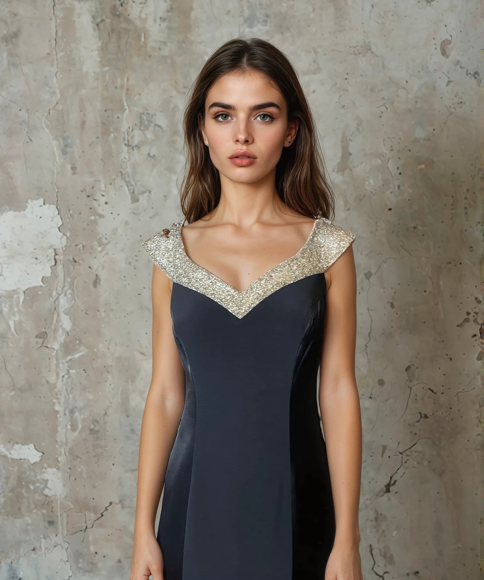 Vintage 1990's Black Crepe / Satin & Silver Beaded Dress UK 12