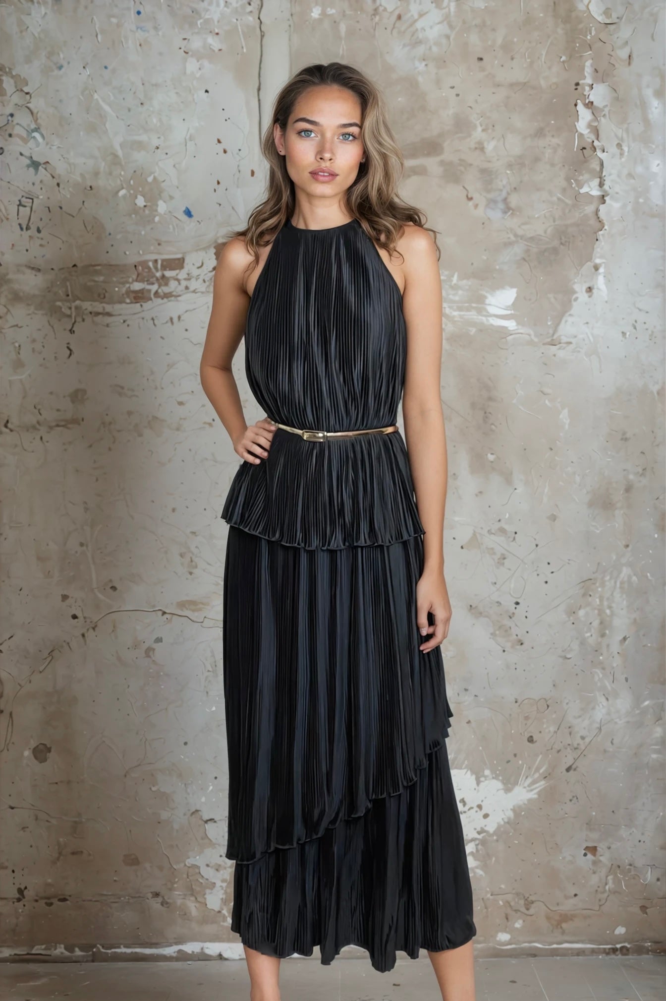 Vintage 1970's Black Thin Pleated & Tiered High Collar Dress UK 10 - 12