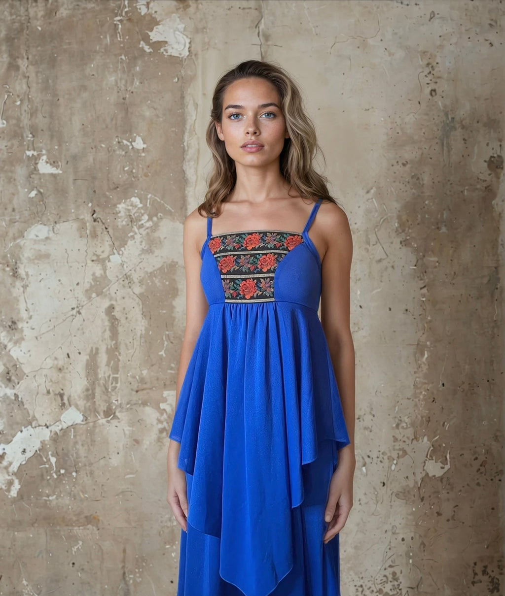 Original Beautiful 1970's Vintage Floral Trim Blue Strapped Dress UK 8 - 10