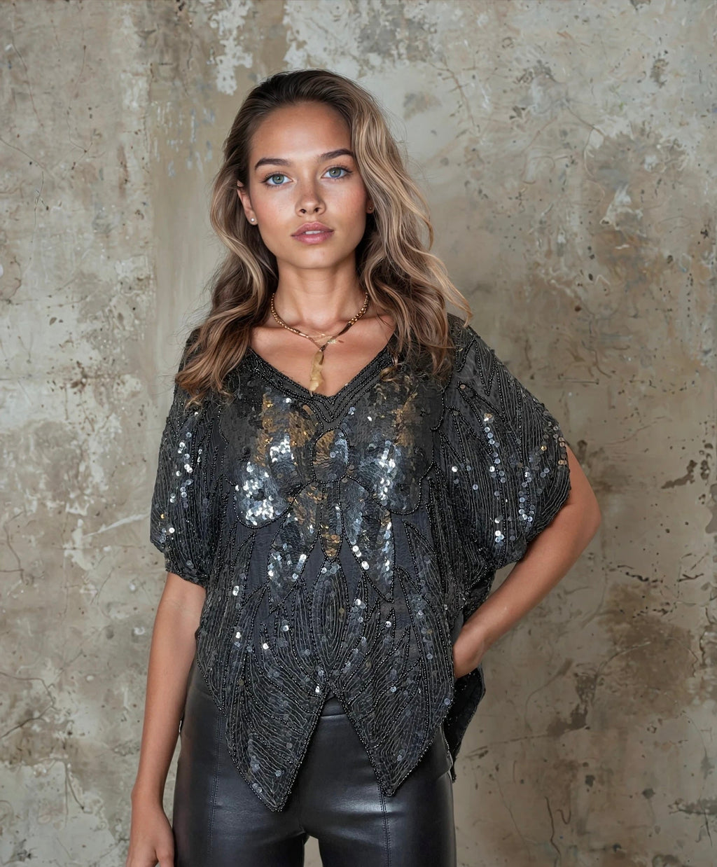 Original Vintage Late 1970's Black Silk Sequin Butterfly Top