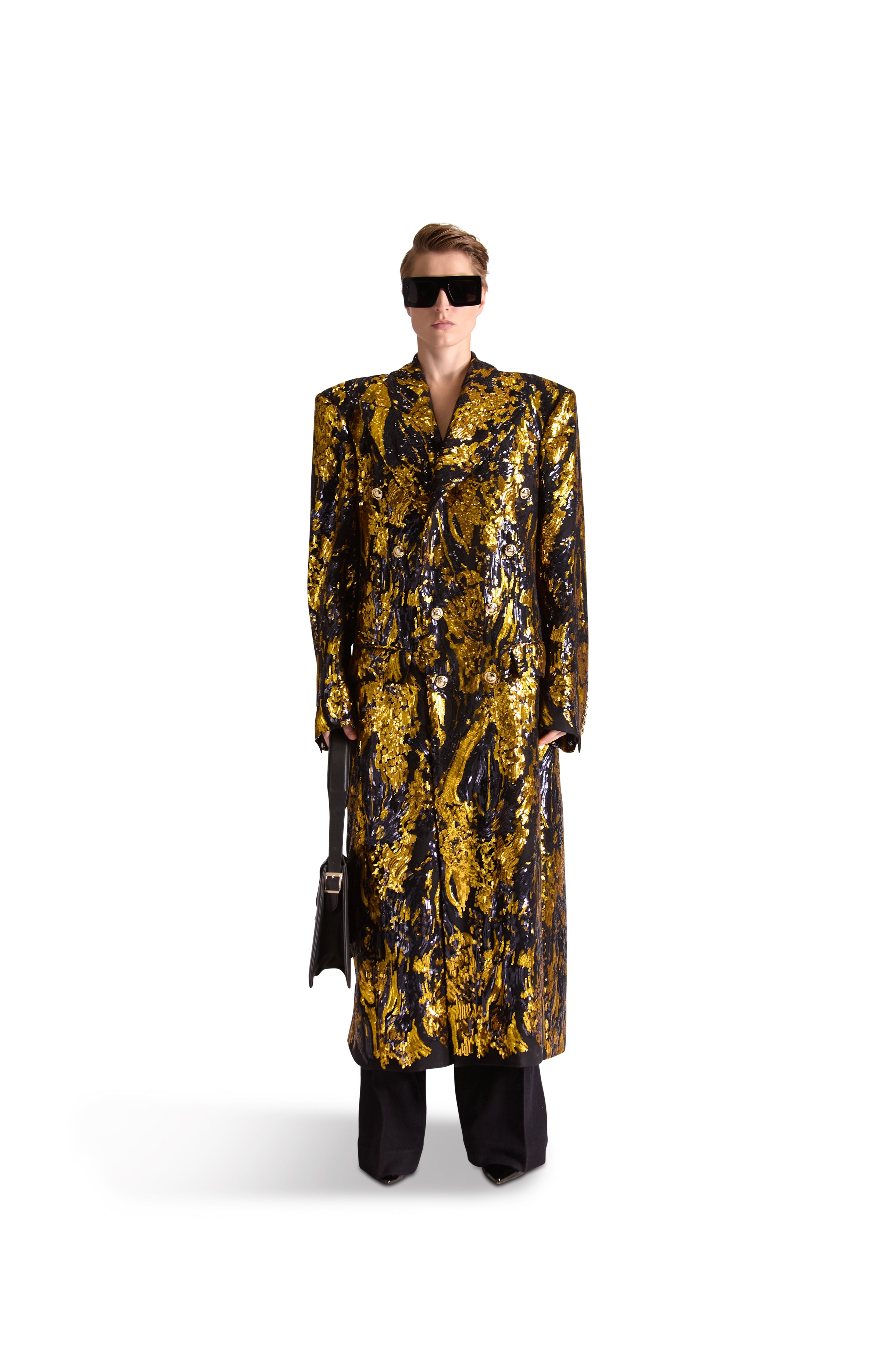 Hand Embroidered Peak Lapel Double Breasted Long Coat