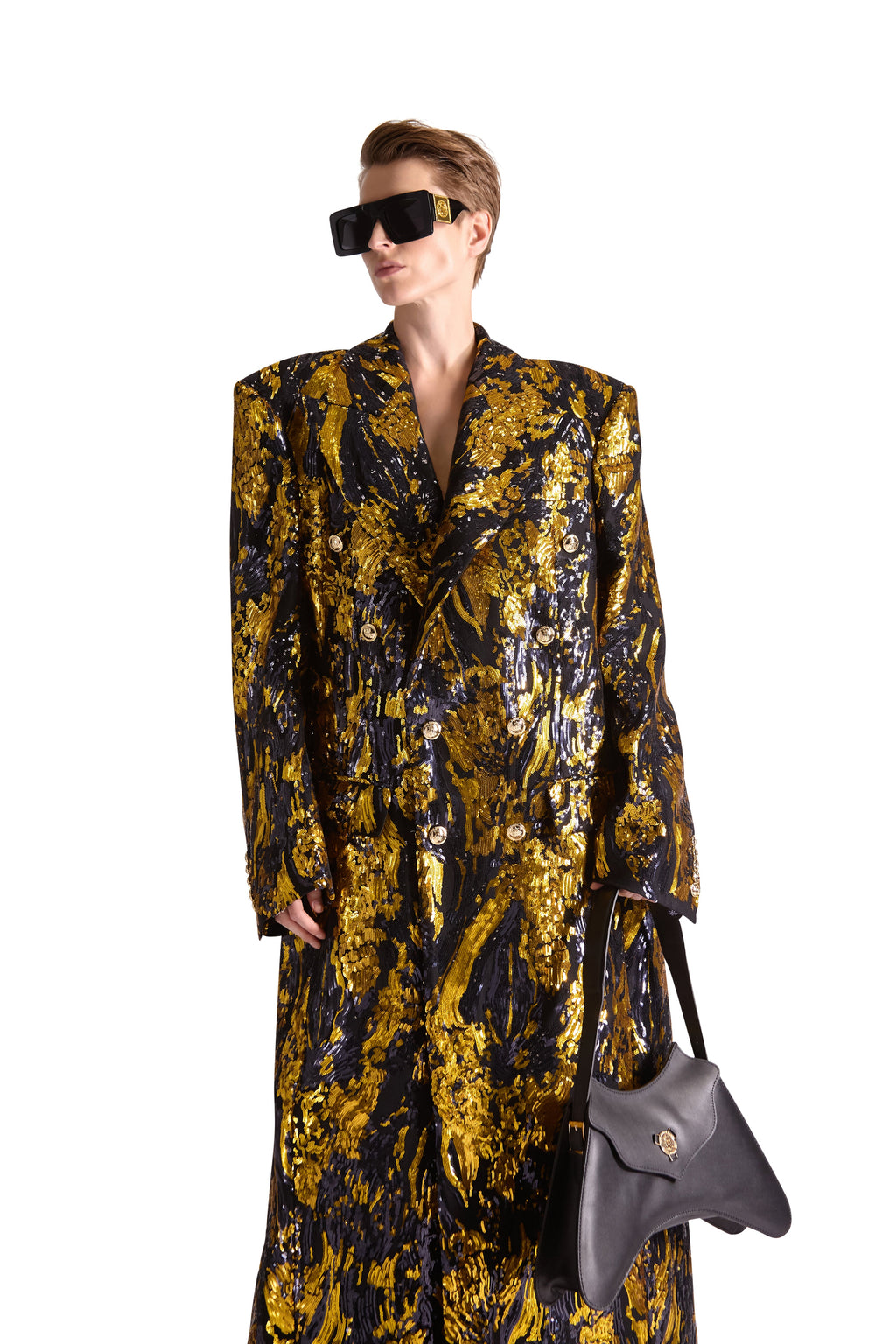 Hand Embroidered Peak Lapel Double Breasted Long Coat