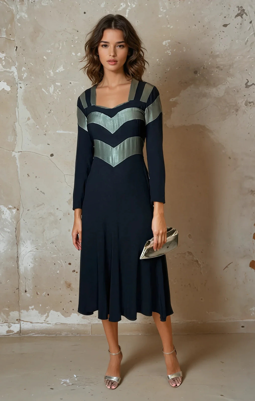 1970's Original Vintage Very Rare Ossie Clark Black & Metallic Green Dress UK 8 - 10