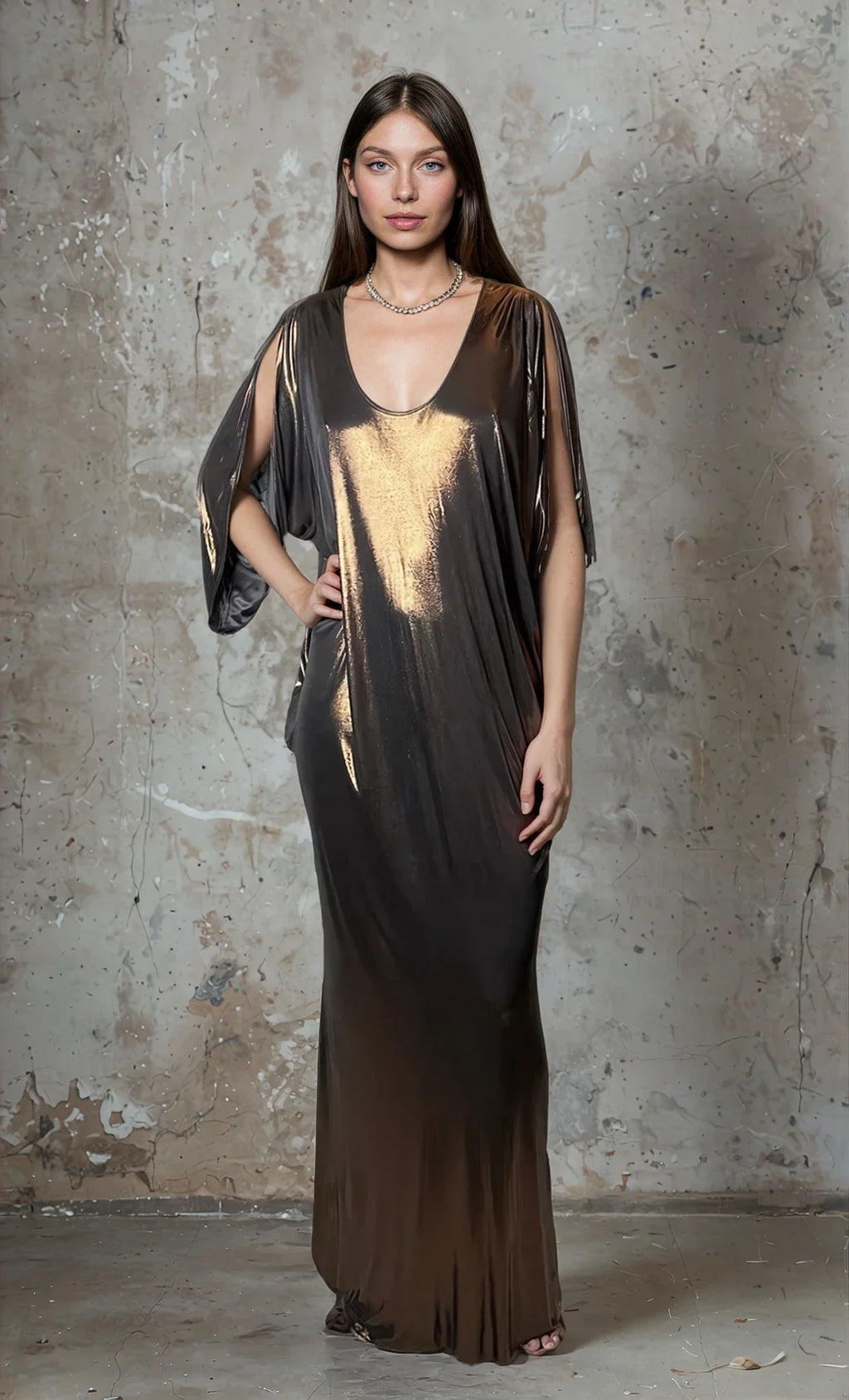 Incredible Vintage Halston Gold / Bronze Kaftan Dress Uk 8 - 14