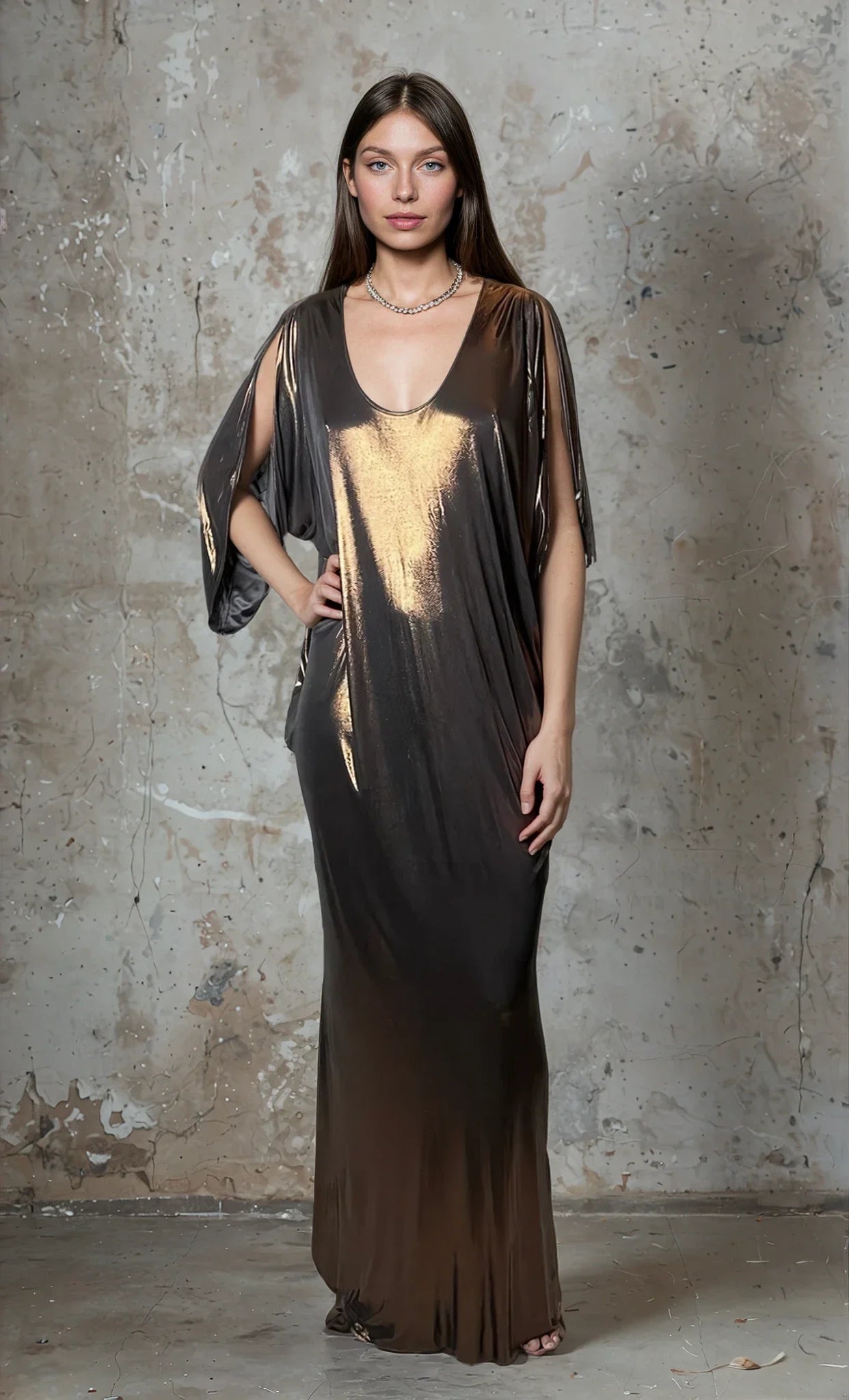 Incredible Vintage Halston Gold / Bronze Kaftan Dress Uk 8 - 14
