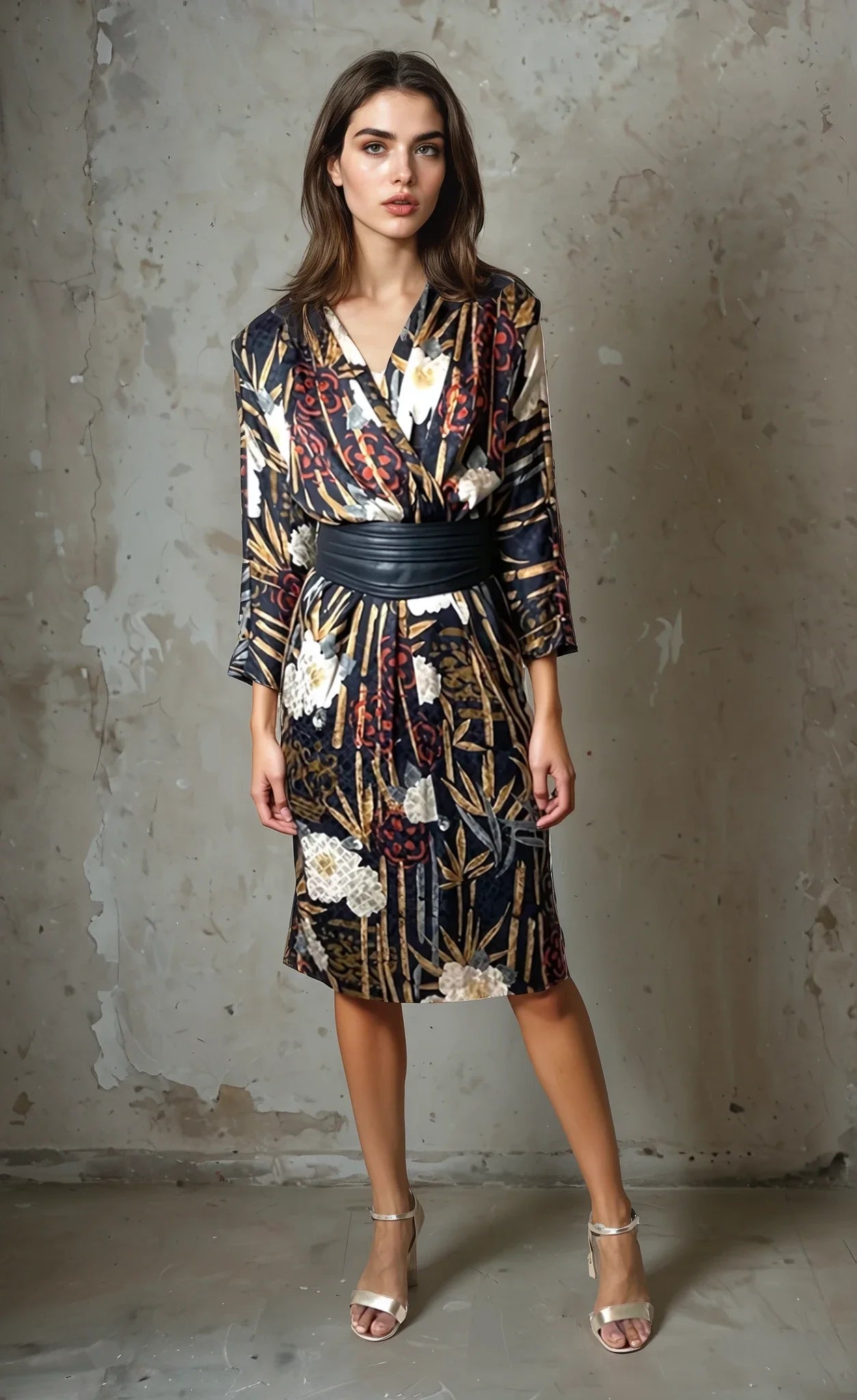 1980'S Original Vintage Black Floral Silk Dress Uk 10 - 12