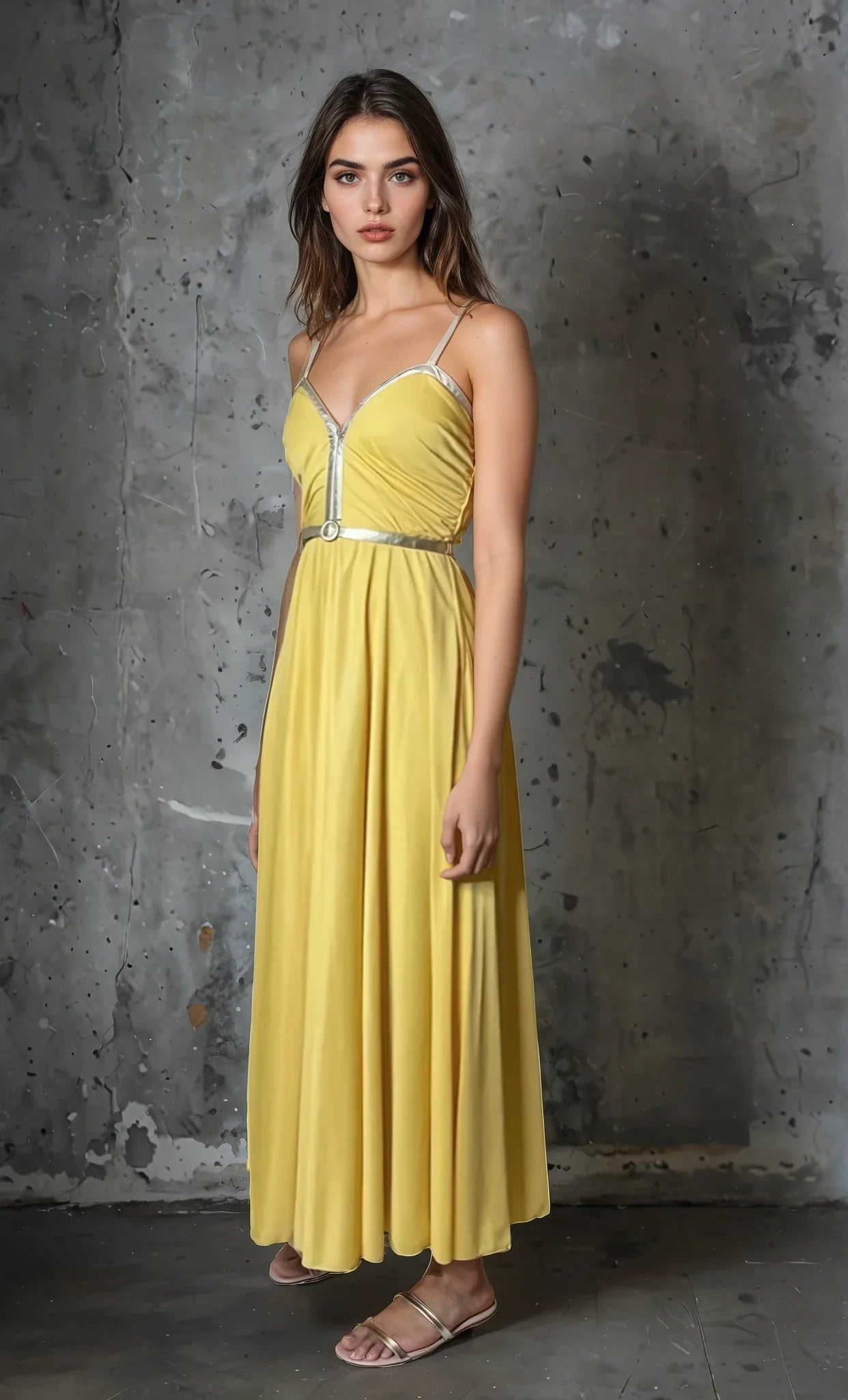 Original 1970'S Vintage Yellow & Gold Strap Maxi Dress