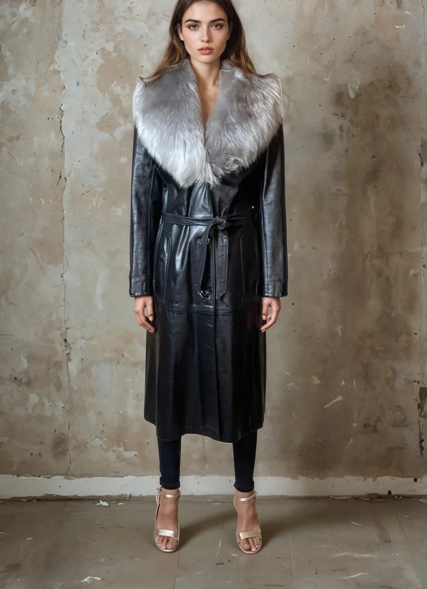 Original 1970's Vintage Black Leather & Sheepskin Coat UK 12 - 16