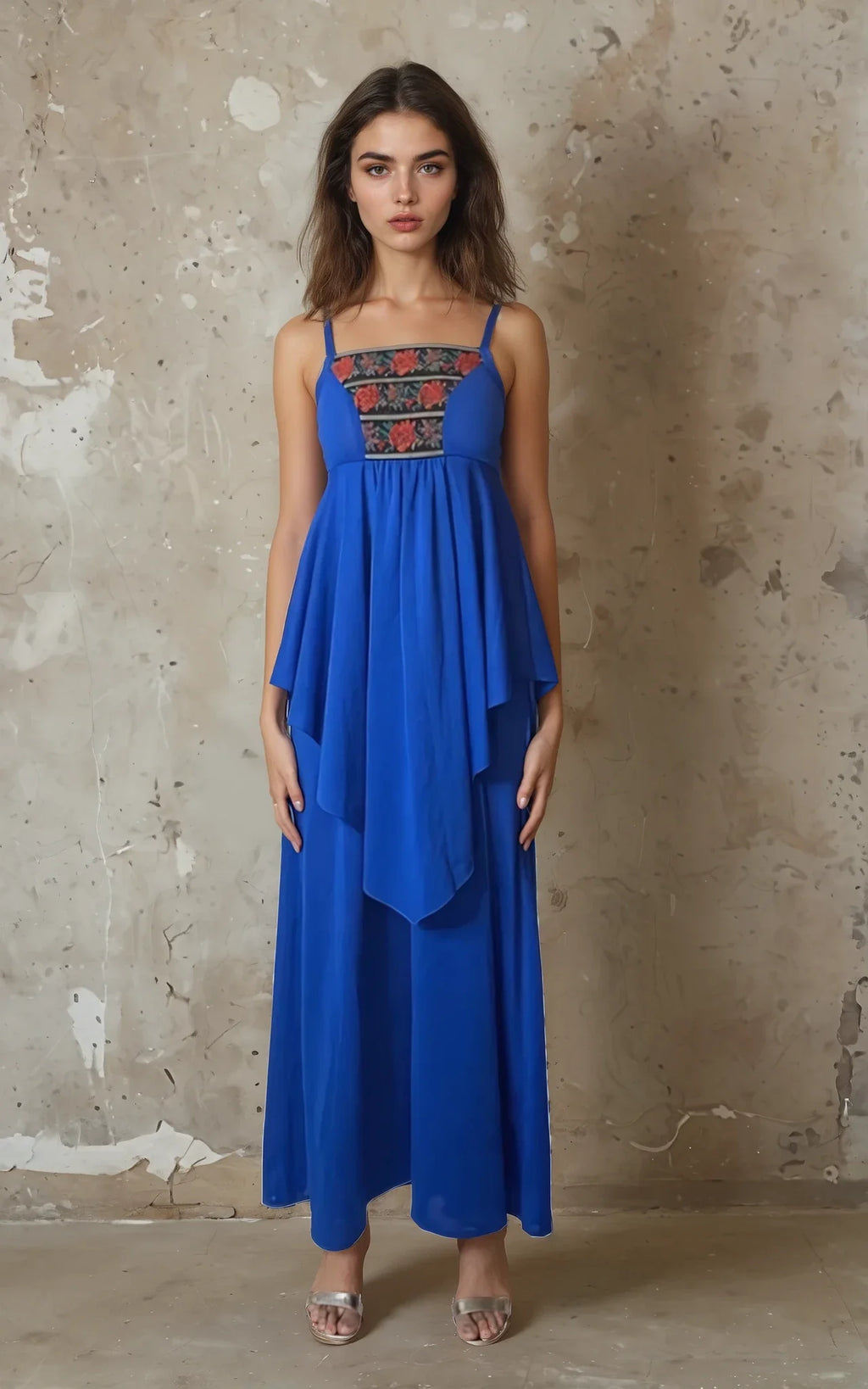 Original Beautiful 1970's Vintage Floral Trim Blue Strapped Dress UK 8 - 10