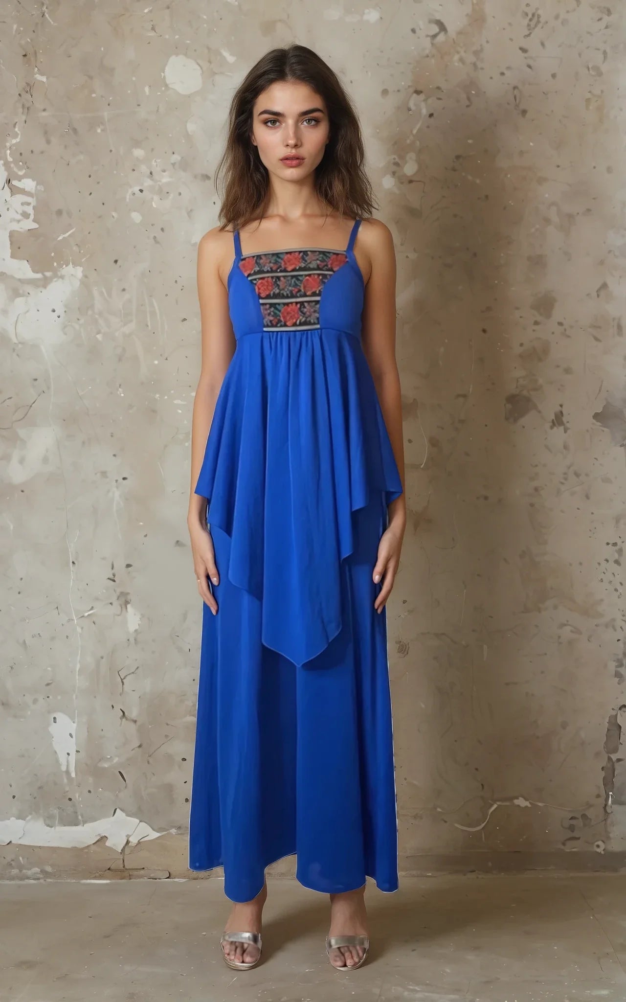 Original Beautiful 1970's Vintage Floral Trim Blue Strapped Dress UK 8 - 10