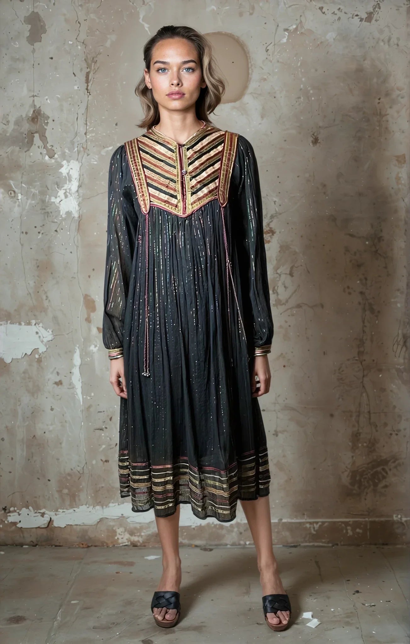 Original Vintage 1970's Black Indian Cotton Boho / Hippie Dress UK 8 - 14