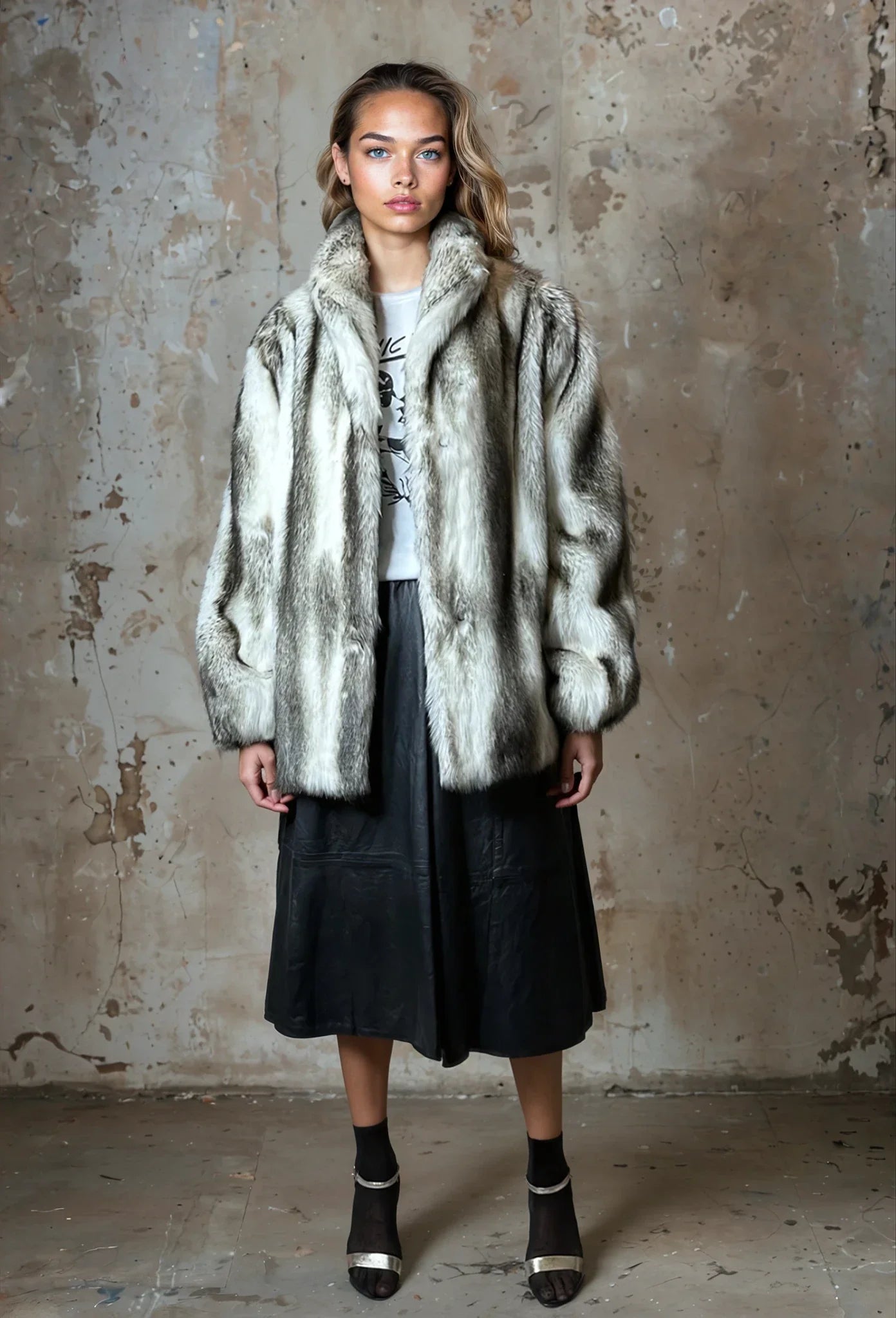 Stunning Original 1970's Vintage White / Black Faux Fur Coat UK 8 - 14