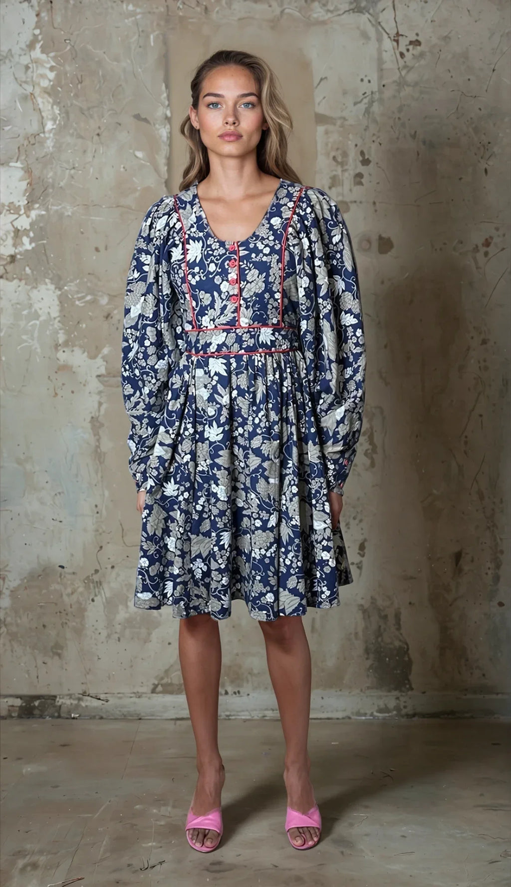 Rare & Original Vintage 1970's Navy Floral Dress UK 10 - 14