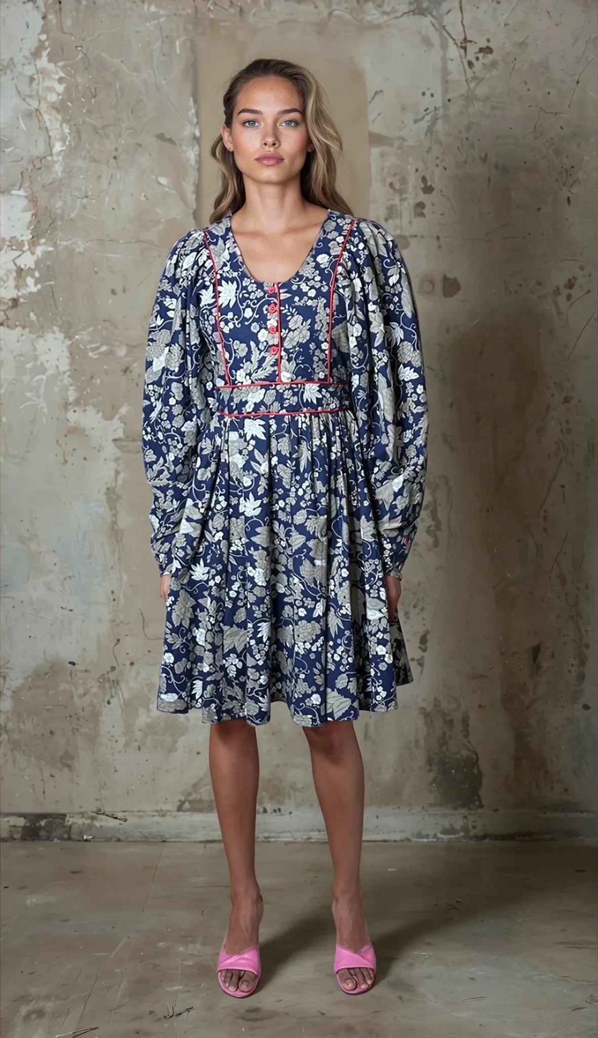 Rare & Original Vintage 1970's Navy Floral Dress UK 10 - 14