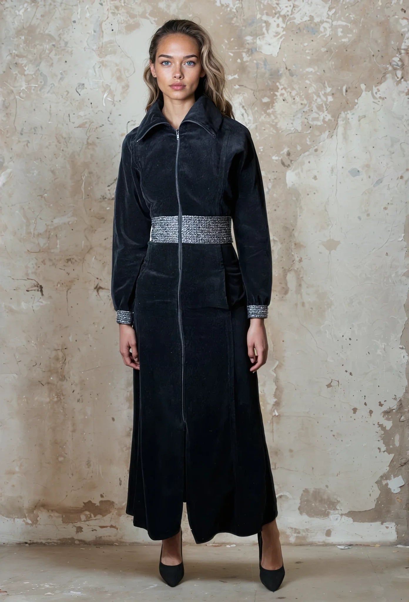 Original Vintage 1970's Pierre Cardin Black Velvet Maxi Dress UK 10 - 12