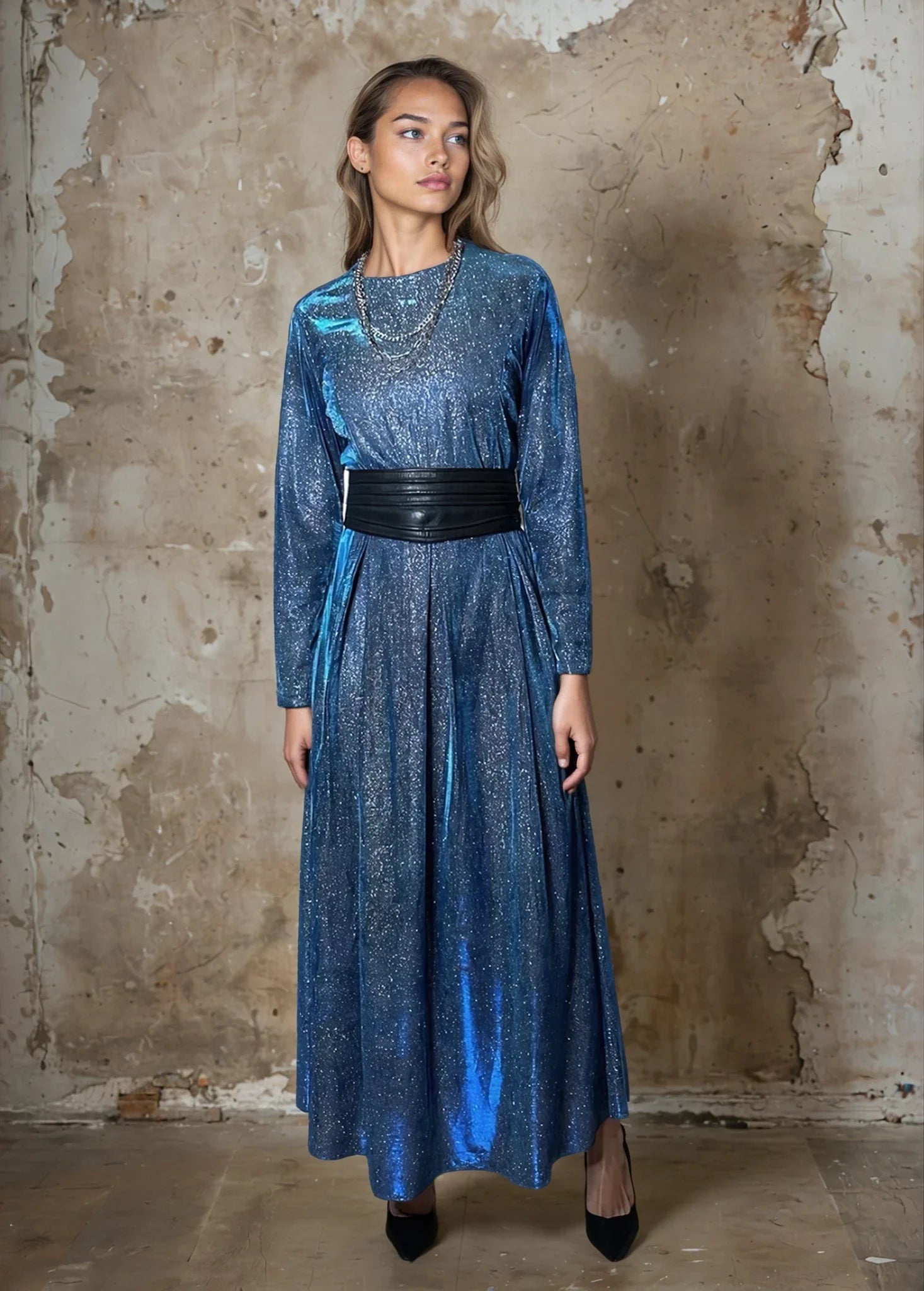 Incredible Original Vintage Blue Metallic Maxi Dress UK 10 - 14