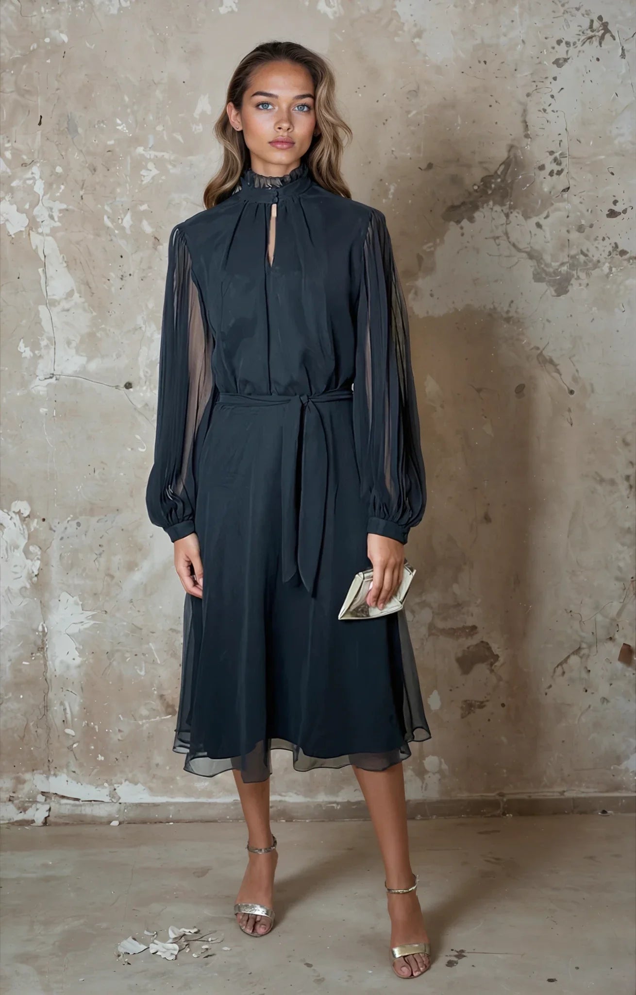 Stunning Original 1970's Vintage Black Peekaboo Dress UK 12 - 14