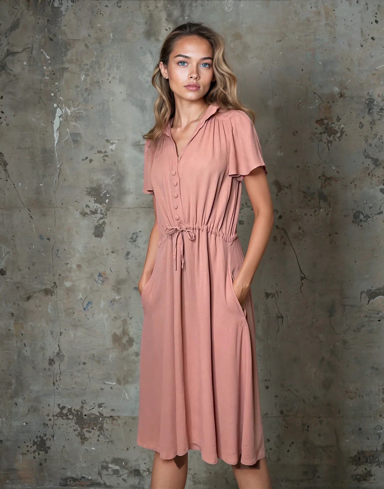 Vintage Peach Dusty Pink 1970's Radley Moss Crepe Tea Dress UK Size 12 - 14