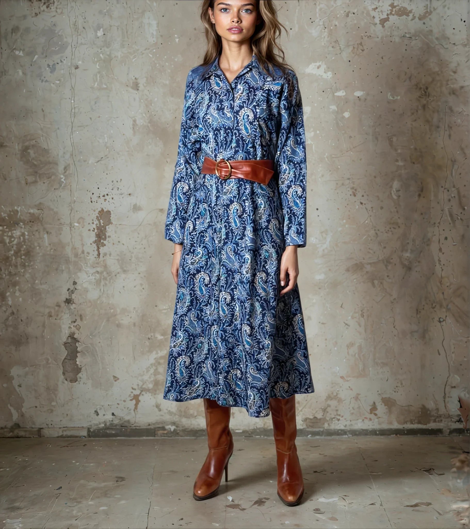 Original Vintage 1970's Liberty Print 100% Wool Paisley Print Blue Dress UK 10 - 12