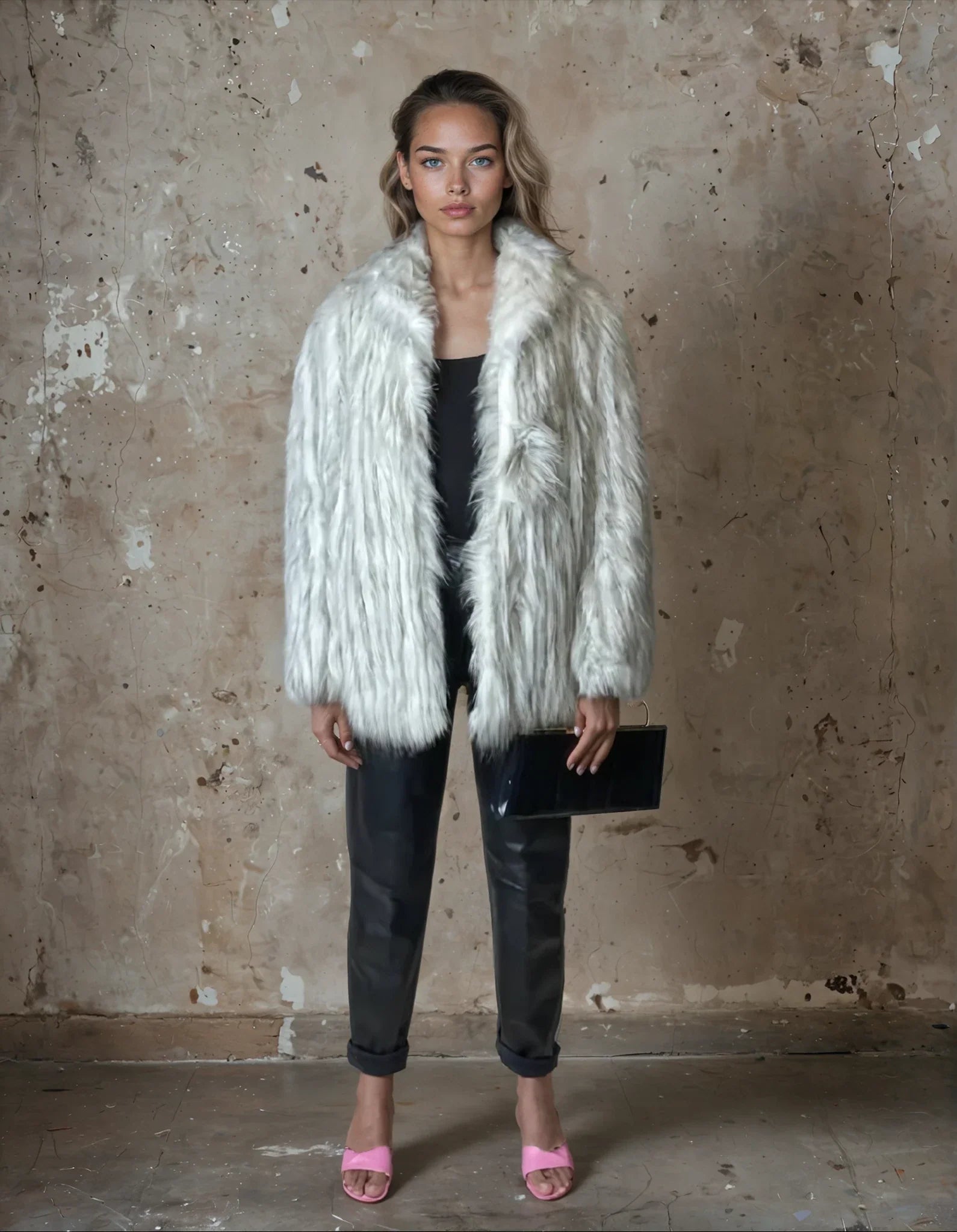 Original Vintage 1970's White & Grey Faux Fur Coat UK 8 - 14