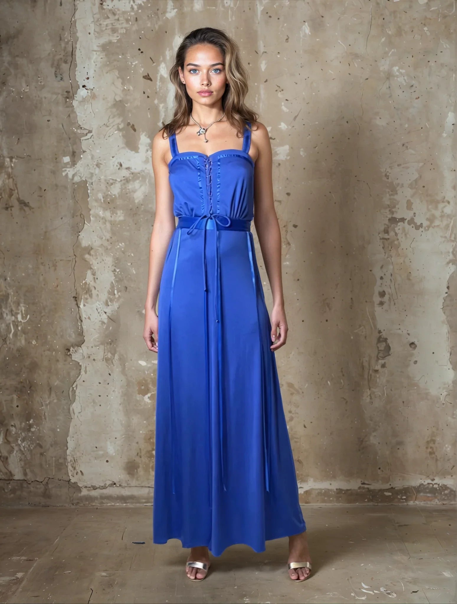 Vintage 1970's Original Electric Blue Disco Maxi Dress UK 10 - 12