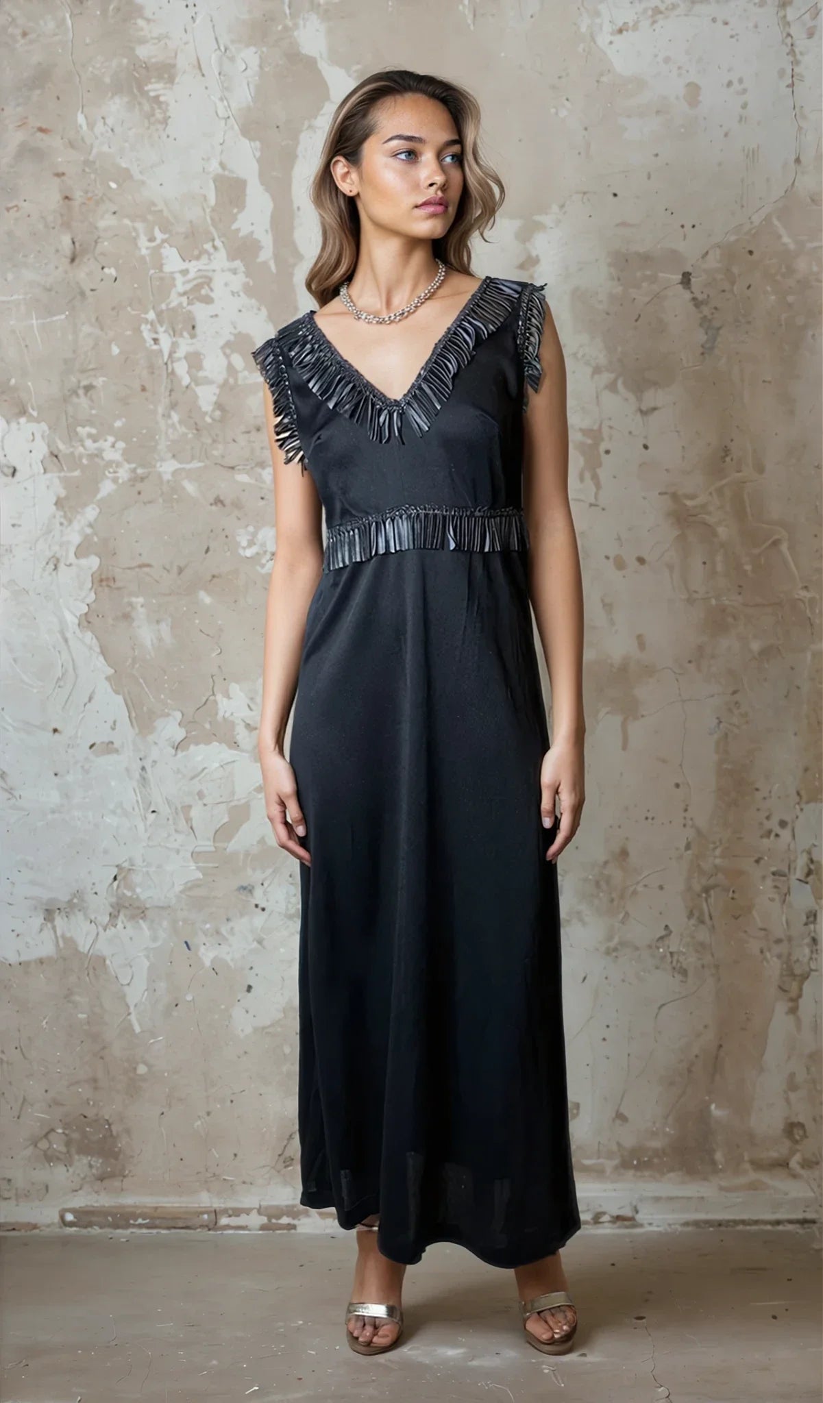 Unique Original Vintage 1970's Black & Faux Leather Detailed Maxi Dress UK 14 - 16