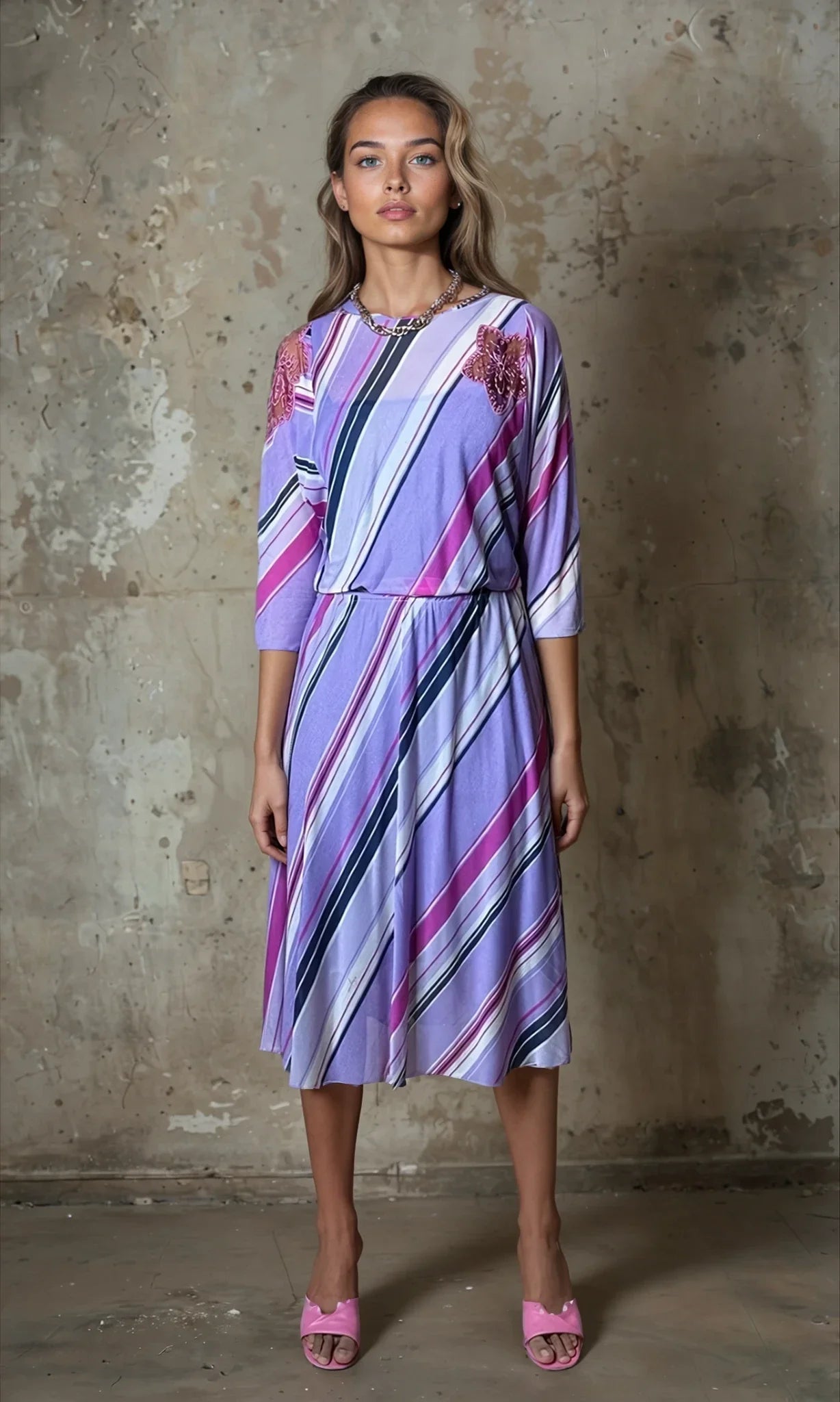 Original 1970's Vintage Virginie Paris Purple Slinky Dress UK 8 - 12