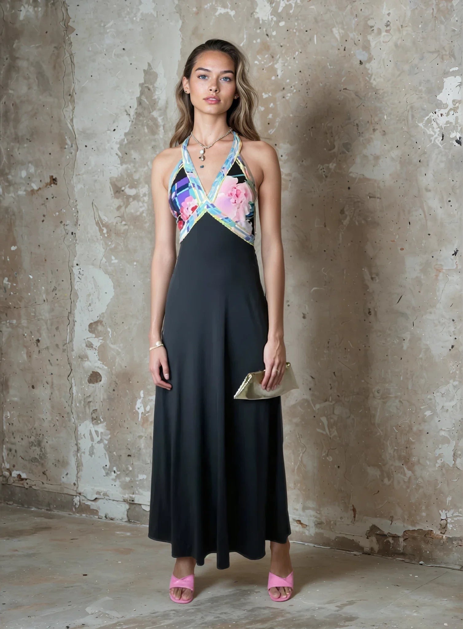 1970's Original Vintage Black Leonard Floral Print Halter Neck Dress UK 8 - 10