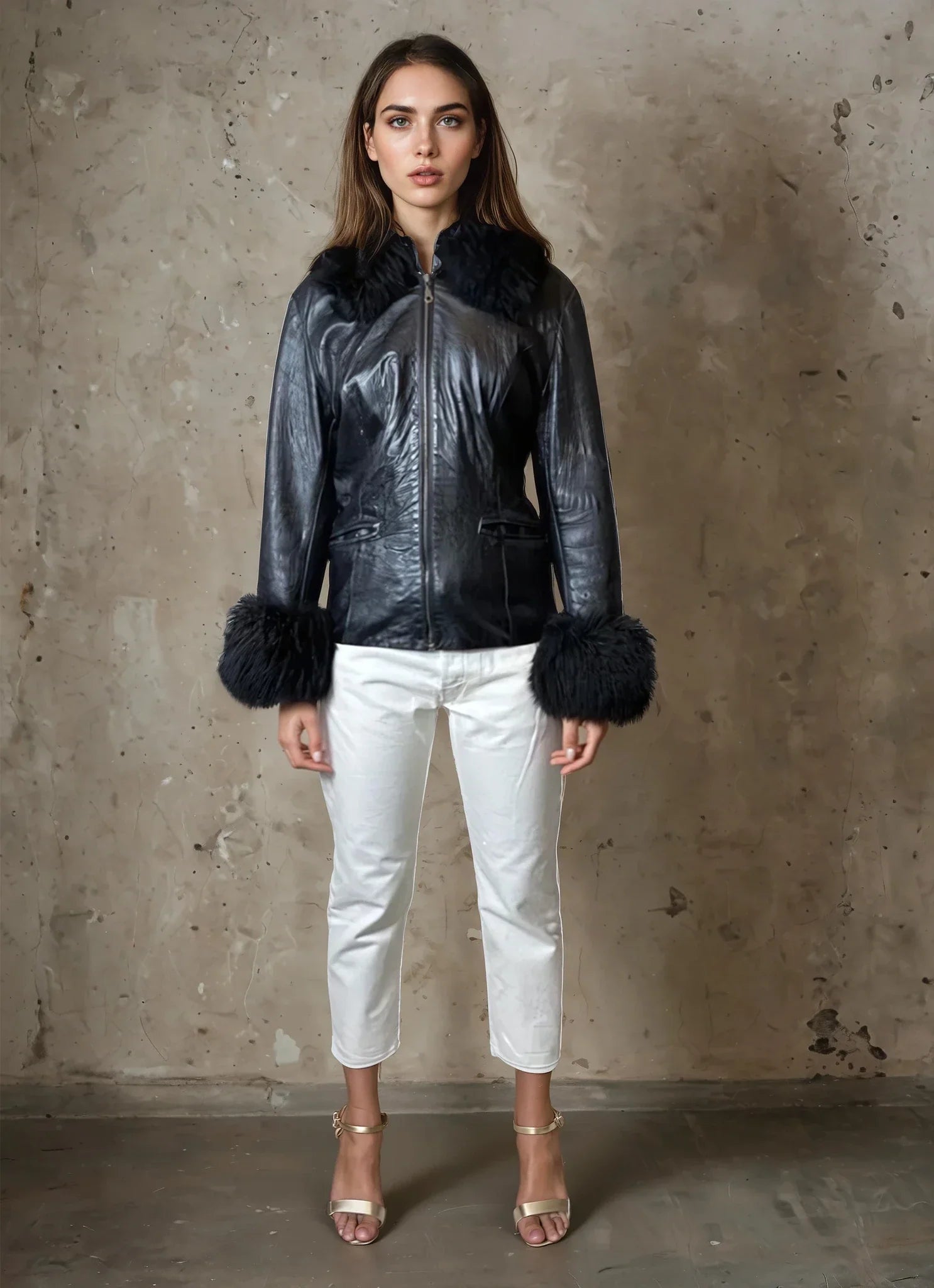 Super Cute Original Vintage 1980's Black Leather & Sheepskin Coat UK 8 - 12