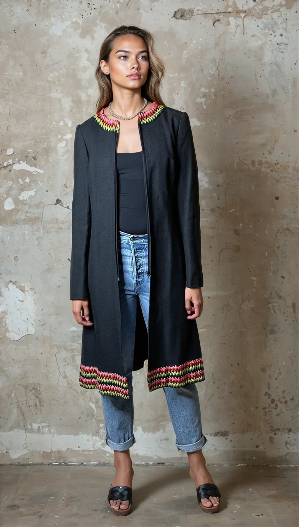 Original Vintage 1970's Black Boho / Hippie Wool Coat UK 8 - 12