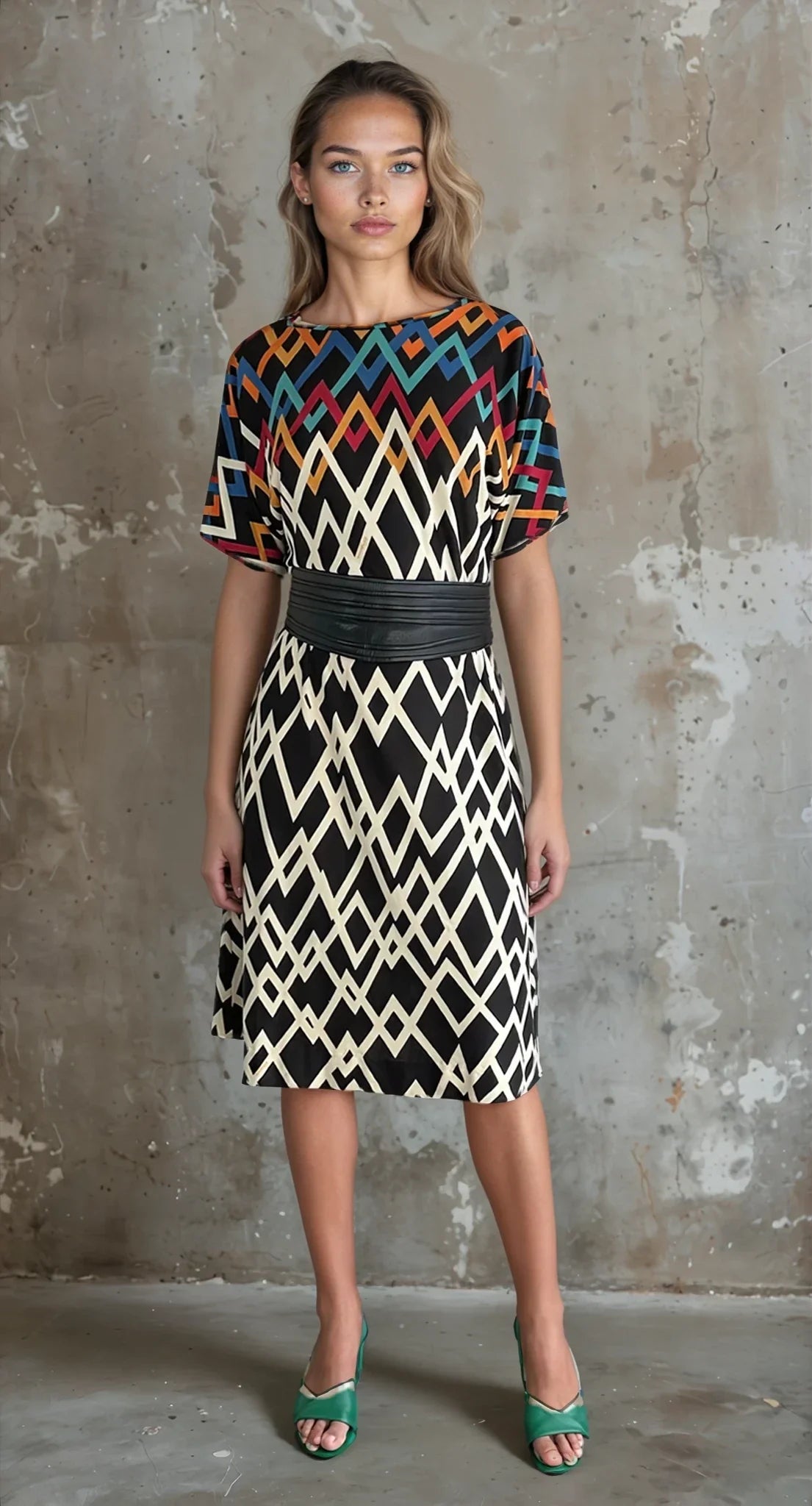 Stunning Original Vintage 1980's Virginie Paris Geometric Print Dress UK 8 - 12